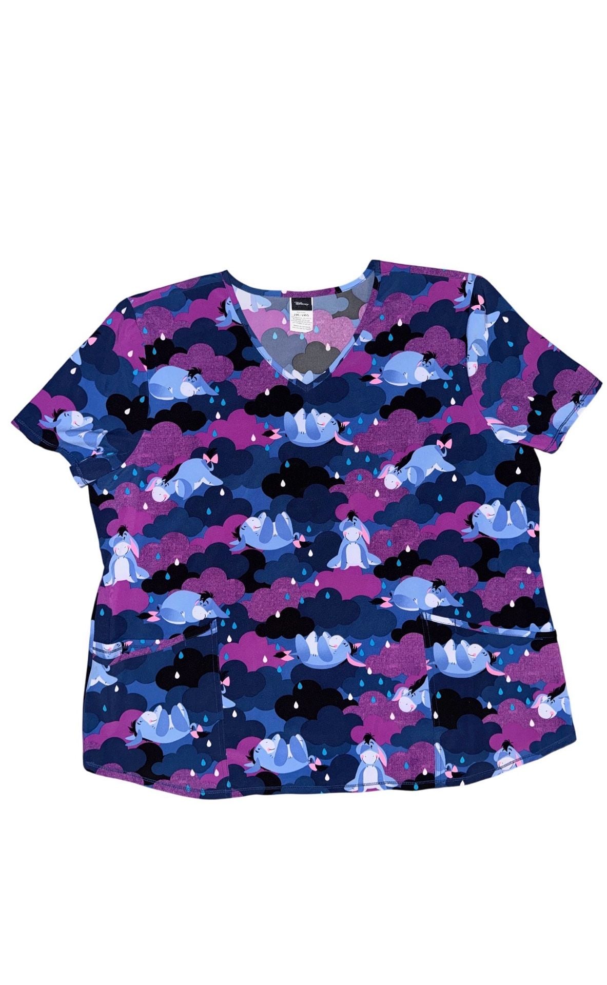 Disney Eeyore Rain Scrub Top Size 2XL/2XG Purple Blue Clouds V-Neck 2