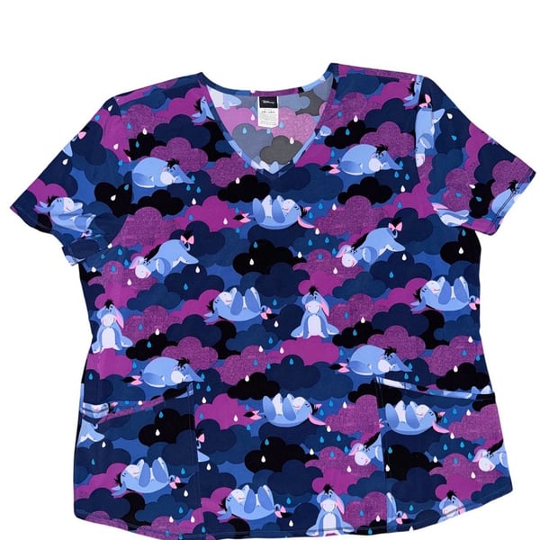 Disney Eeyore Rain Scrub Top Size 2XL/2XG Purple Blue Clouds V-Neck