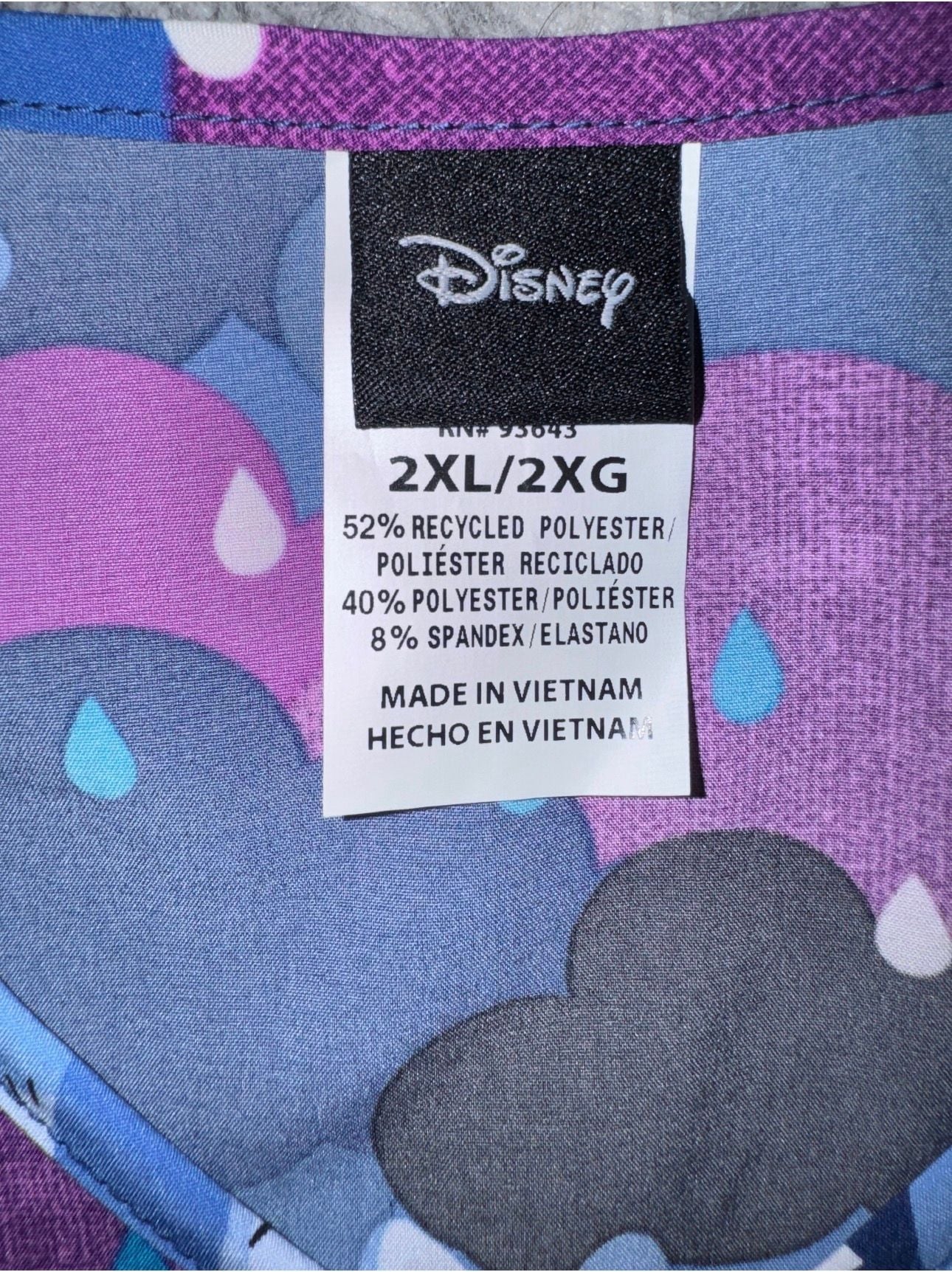 Disney Eeyore Rain Scrub Top Size 2XL/2XG Purple Blue Clouds V-Neck 3