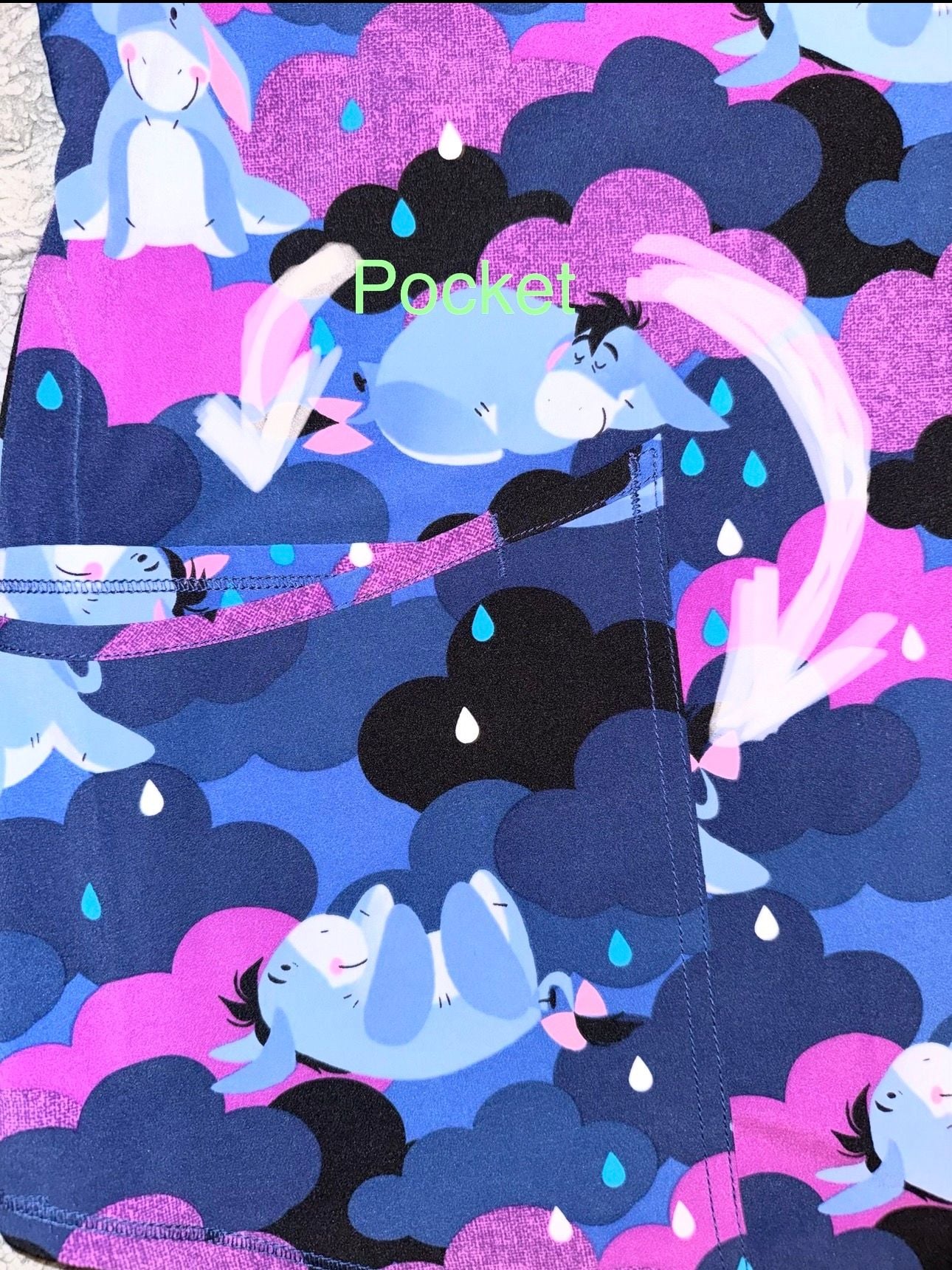 Disney Eeyore Rain Scrub Top Size 2XL/2XG Purple Blue Clouds V-Neck 5