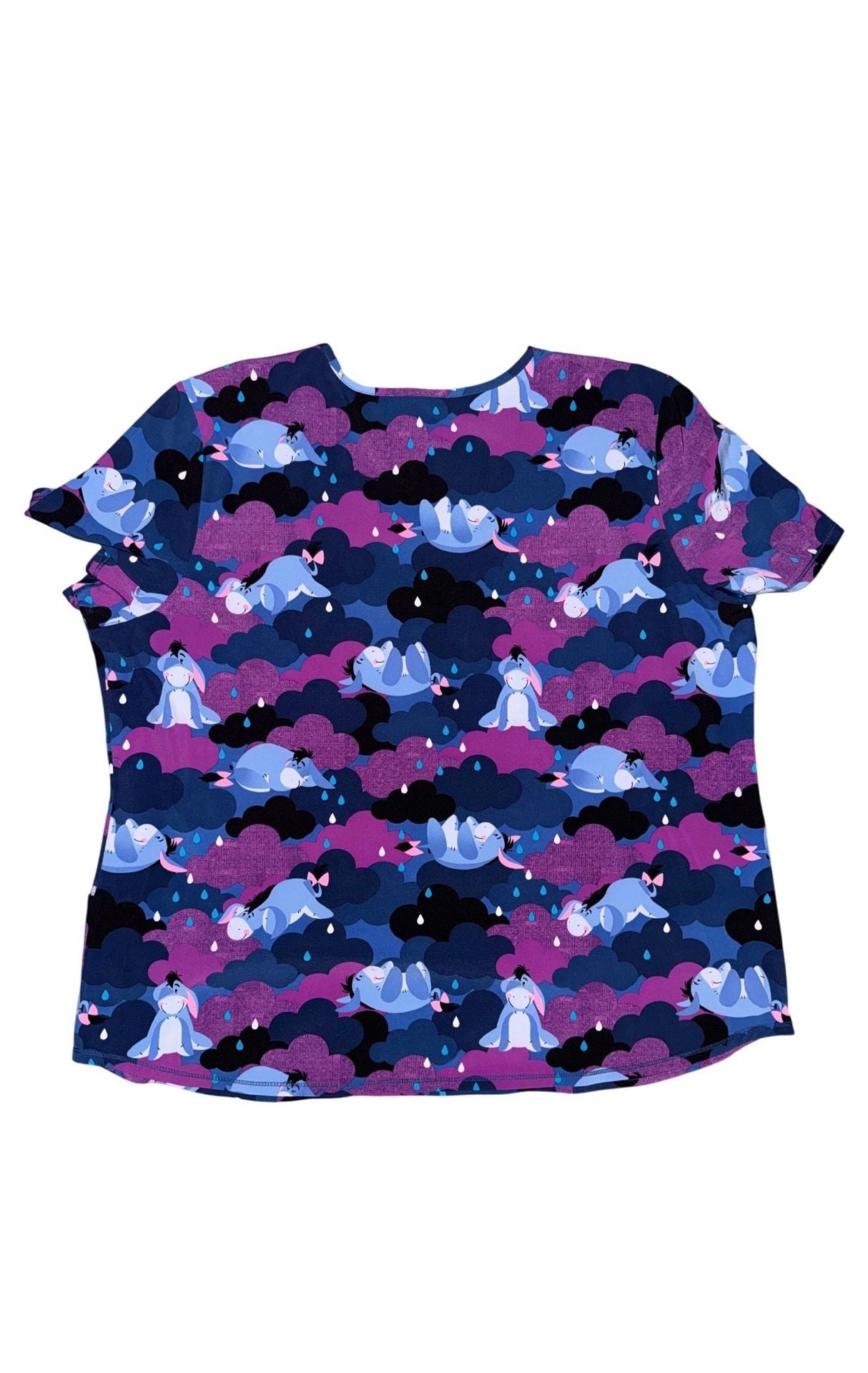 Disney Eeyore Rain Scrub Top Size 2XL/2XG Purple Blue Clouds V-Neck 6