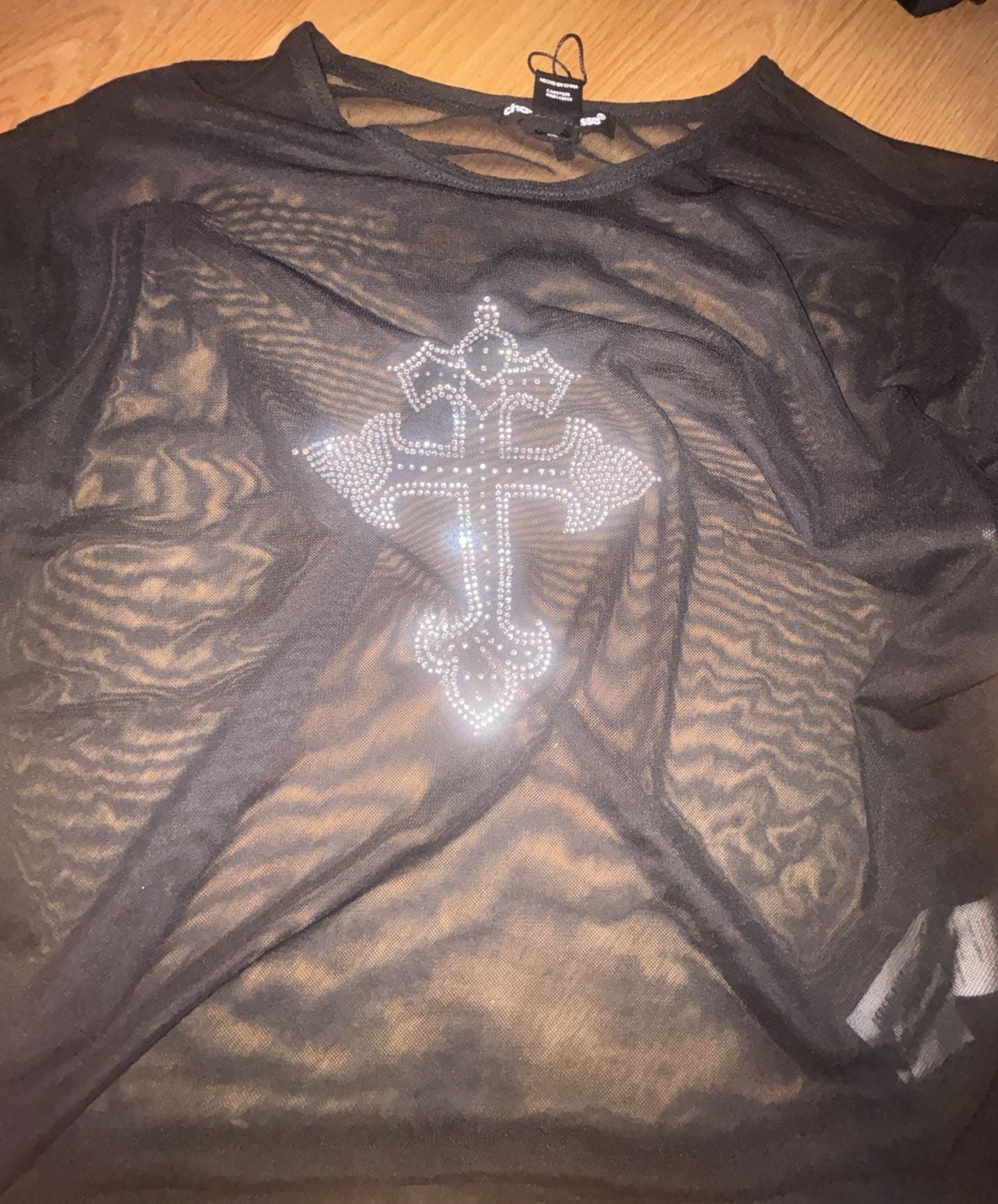 Charlotte Russe Mesh Rhinestone Cross Top Size XL Black Y2K 1