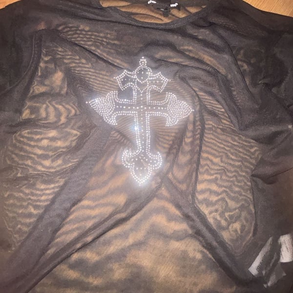 Charlotte Russe Mesh Rhinestone Cross Top Size XL Black Y2K