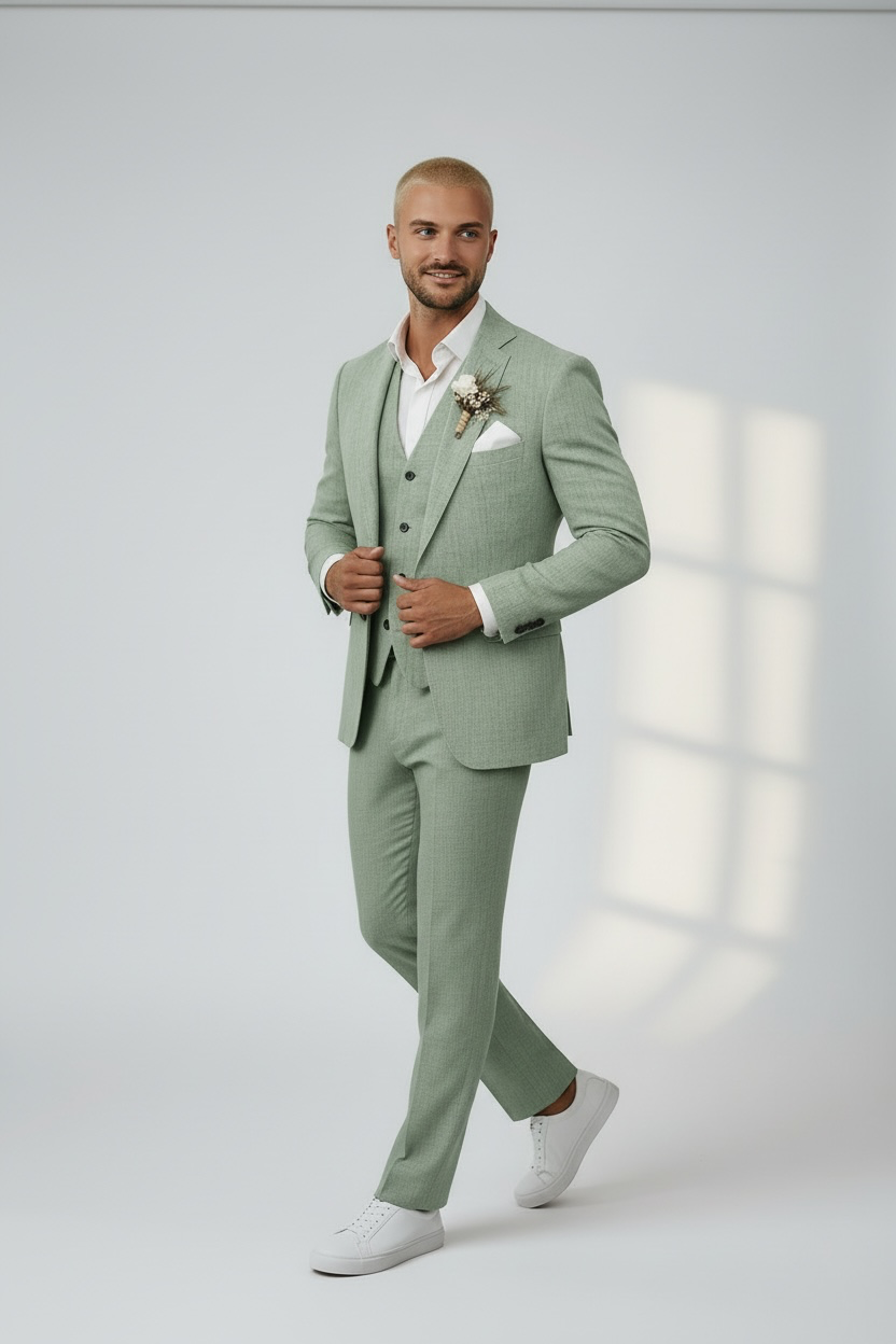 Men's 3-Piece Linen Suit Light Green Slim Fit 1
