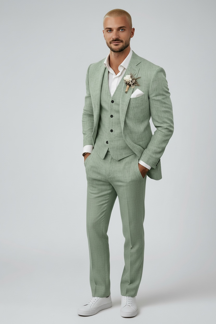 Men's 3-Piece Linen Suit Light Green Slim Fit 2