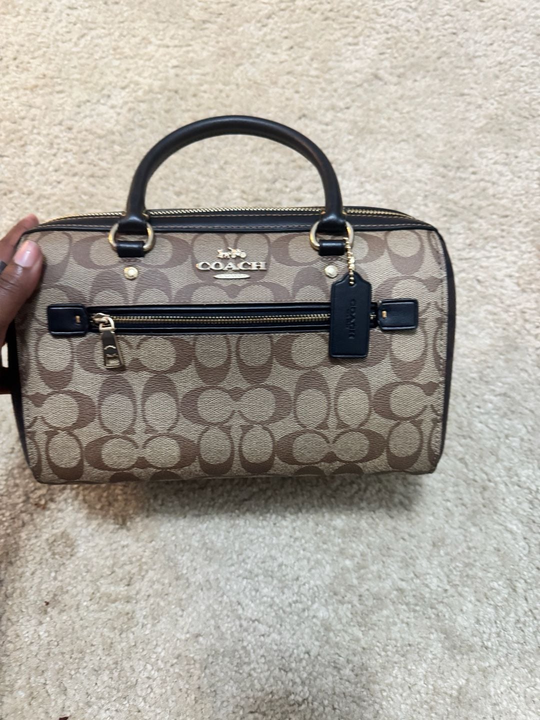 Coach Signature Canvas Rowan Satchel Tote Bag Brown Black 2