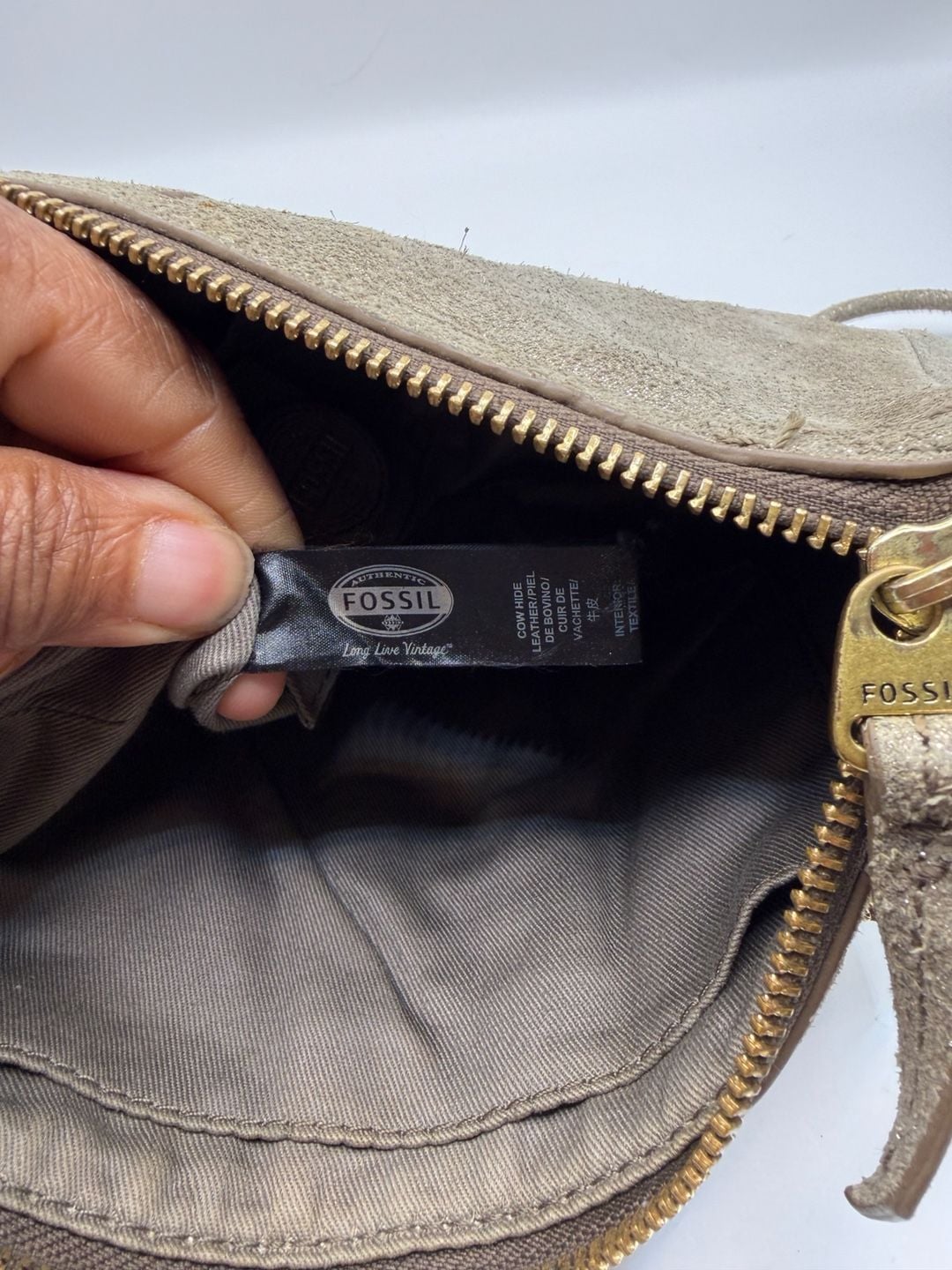 Fossil Erin Crossbody Bag Gray Metallic Suede 9