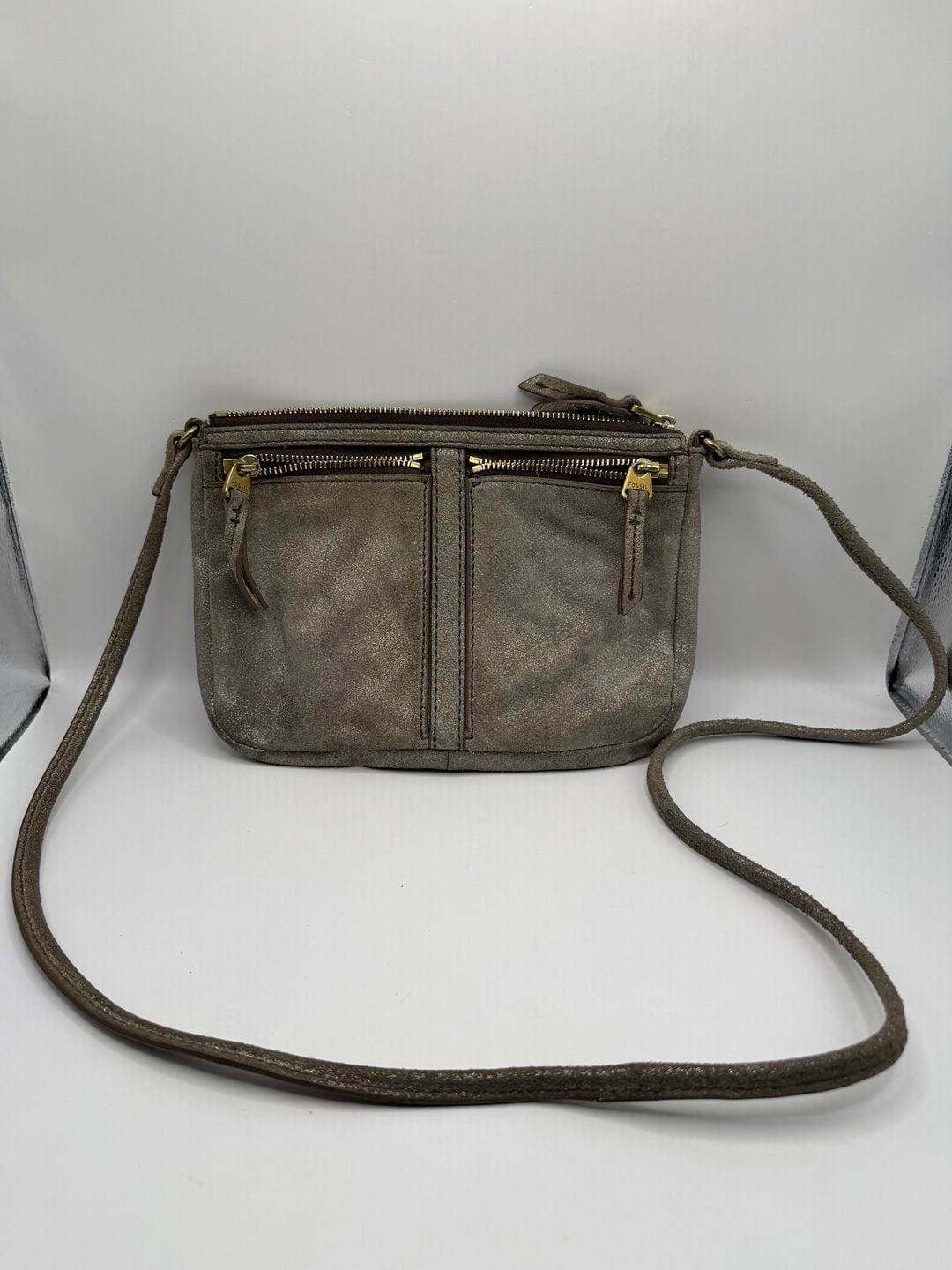 Fossil Erin Crossbody Bag Gray Metallic Suede 10