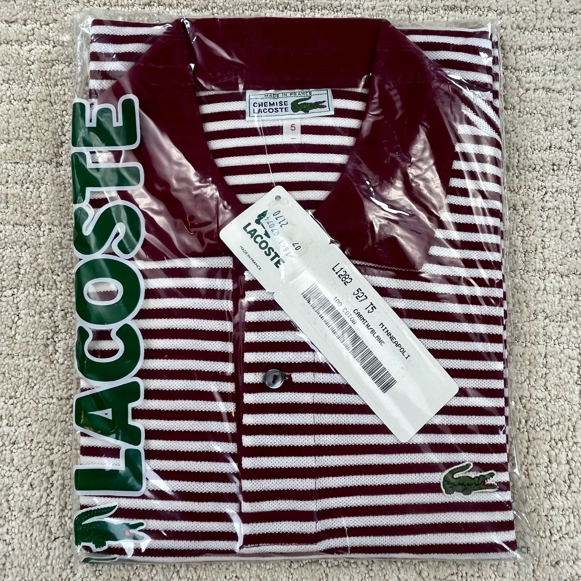 NOS 80s Chemise Lacoste France Red/White Polo Size 5 L 1