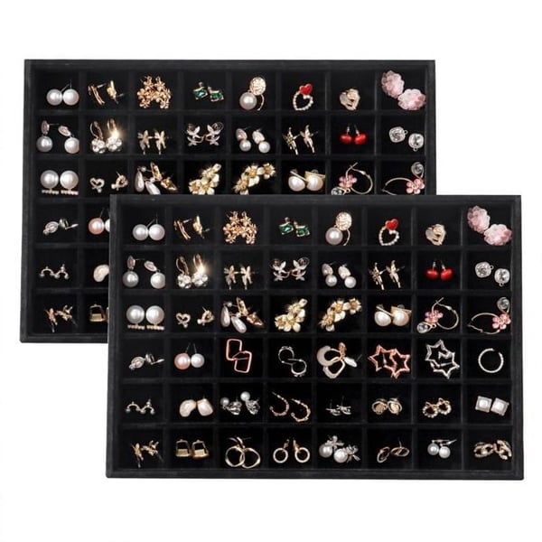 2 Pack Black Velvet 36-Grid Jewelry Organizer Trays with Earrings