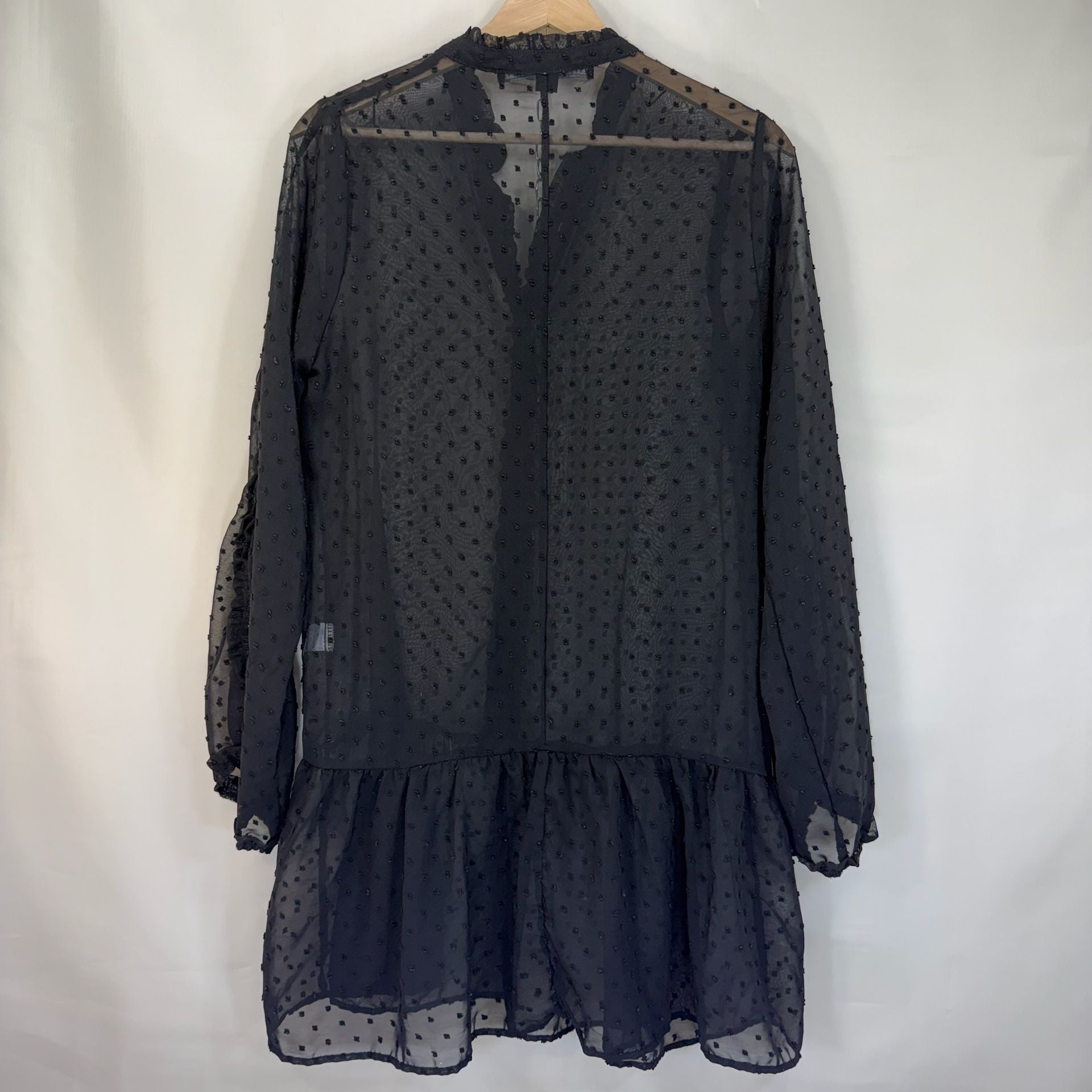 HYFVE Swiss Dot Dress Size M Black Chiffon Ruffle Button Long Sleeve Mini 8