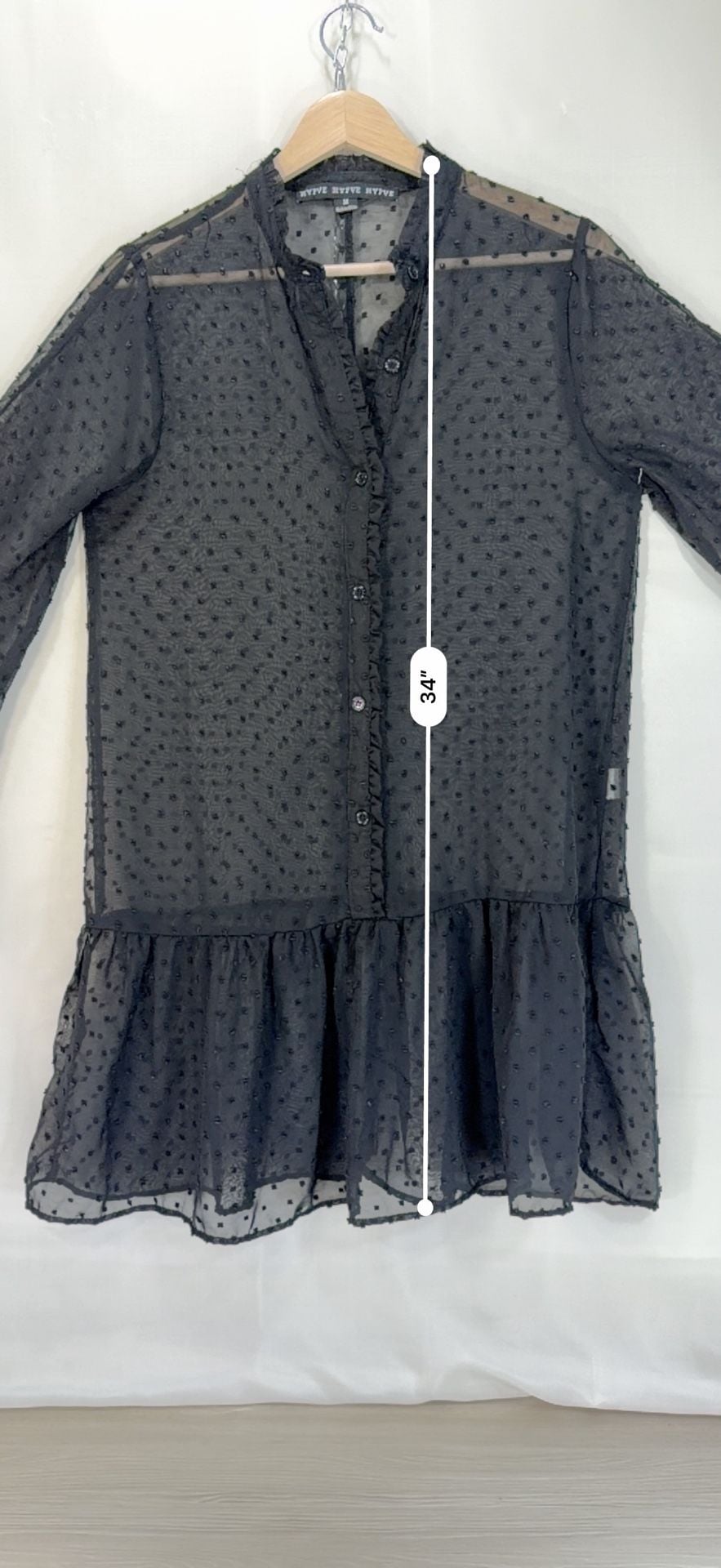 HYFVE Swiss Dot Dress Size M Black Chiffon Ruffle Button Long Sleeve Mini 12