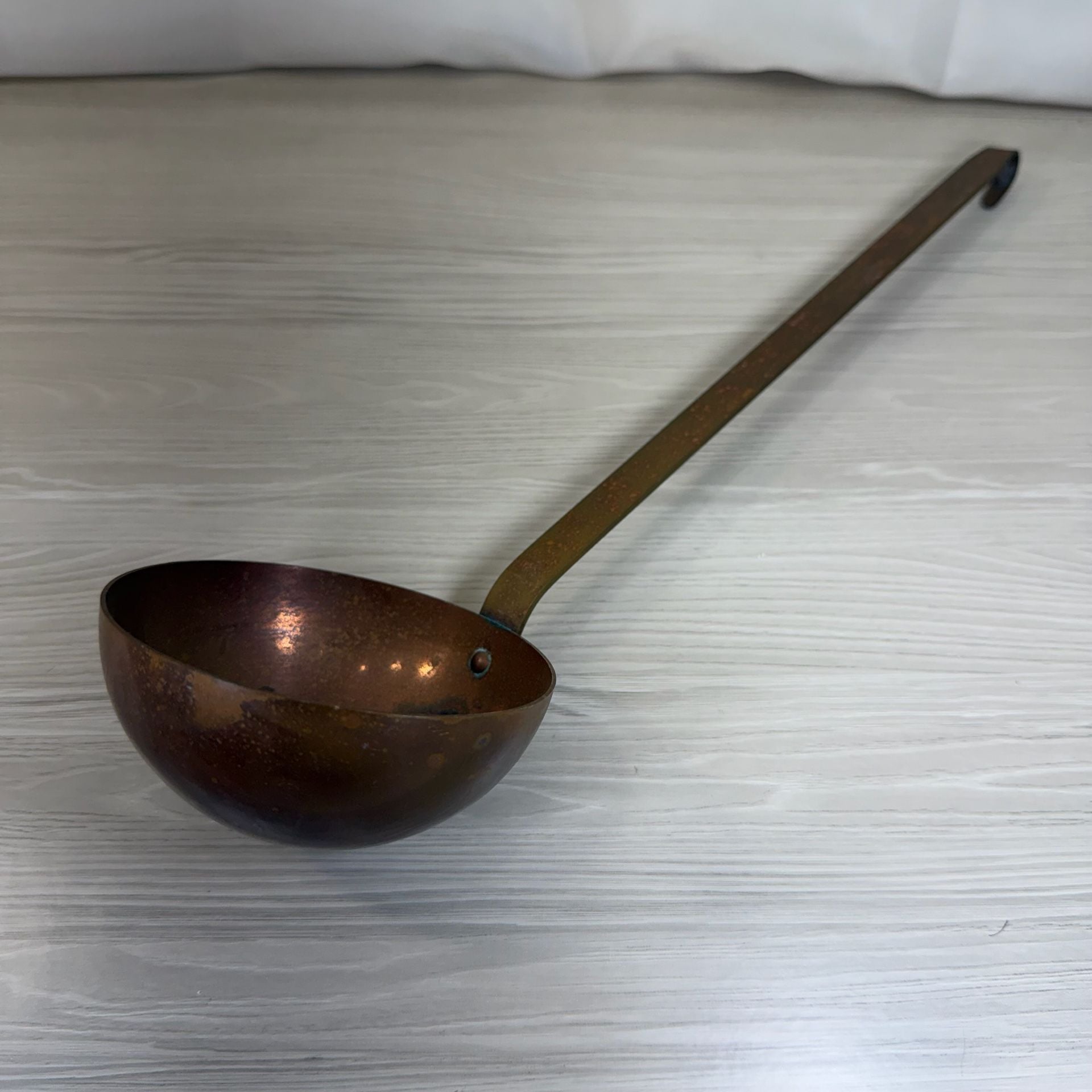 vintage copper soup ladle long handle hanging hook rustic patina 1