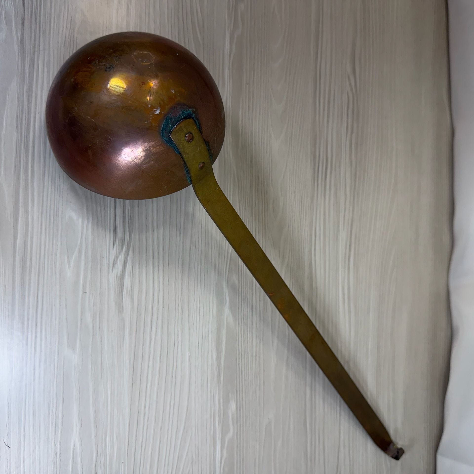 vintage copper soup ladle long handle hanging hook rustic patina 2