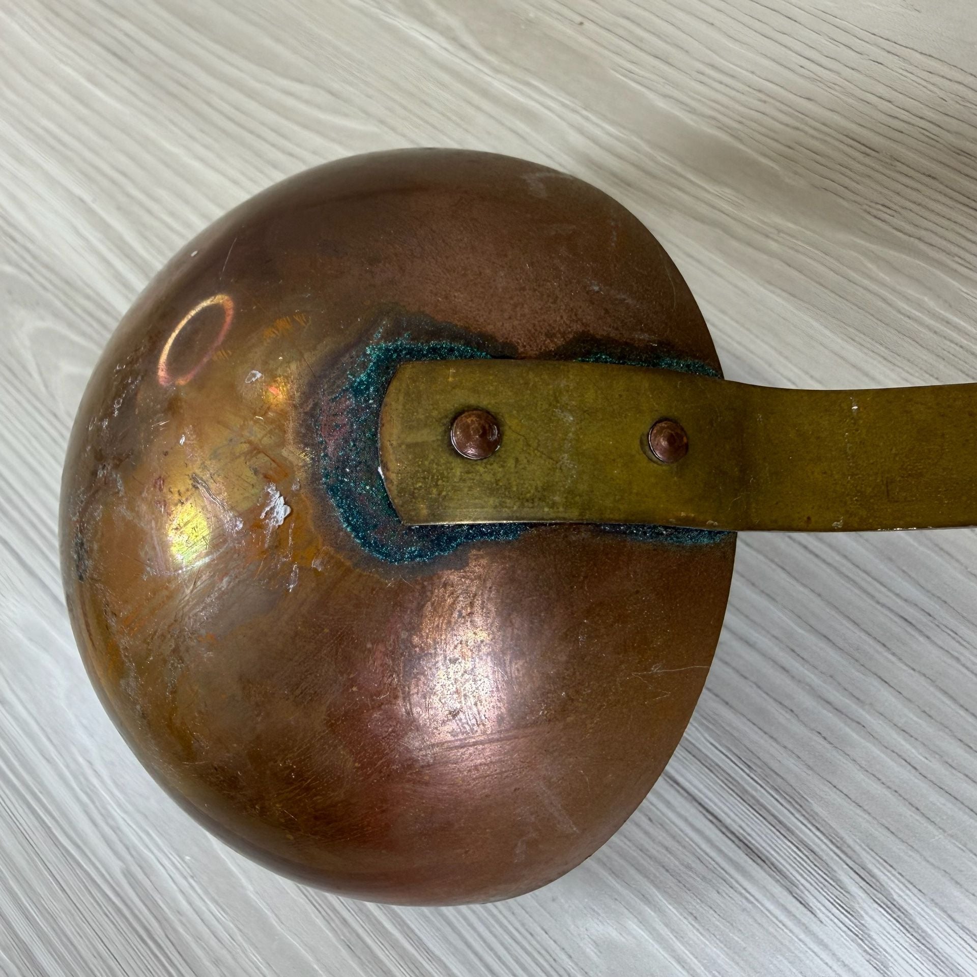 vintage copper soup ladle long handle hanging hook rustic patina 3
