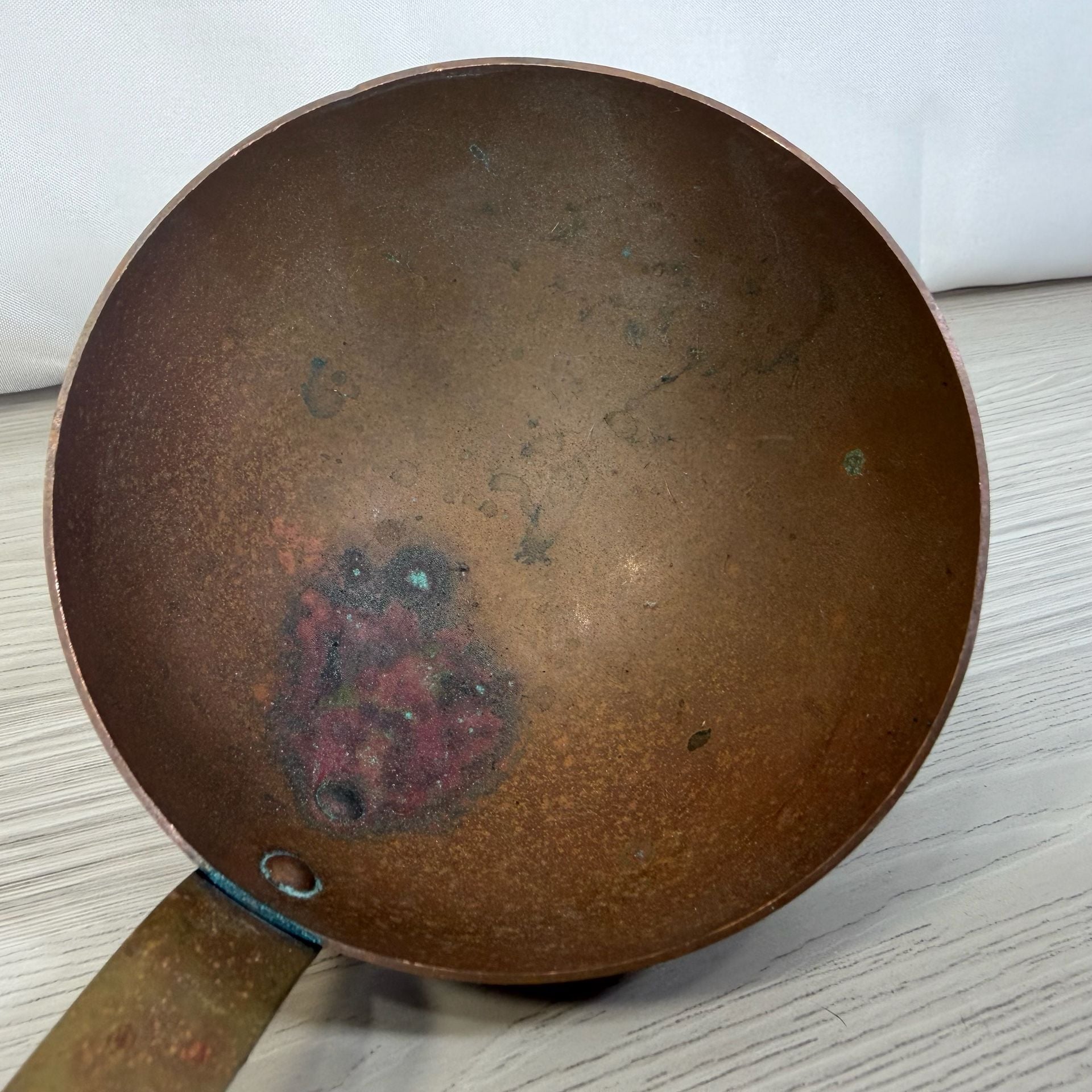 vintage copper soup ladle long handle hanging hook rustic patina 7