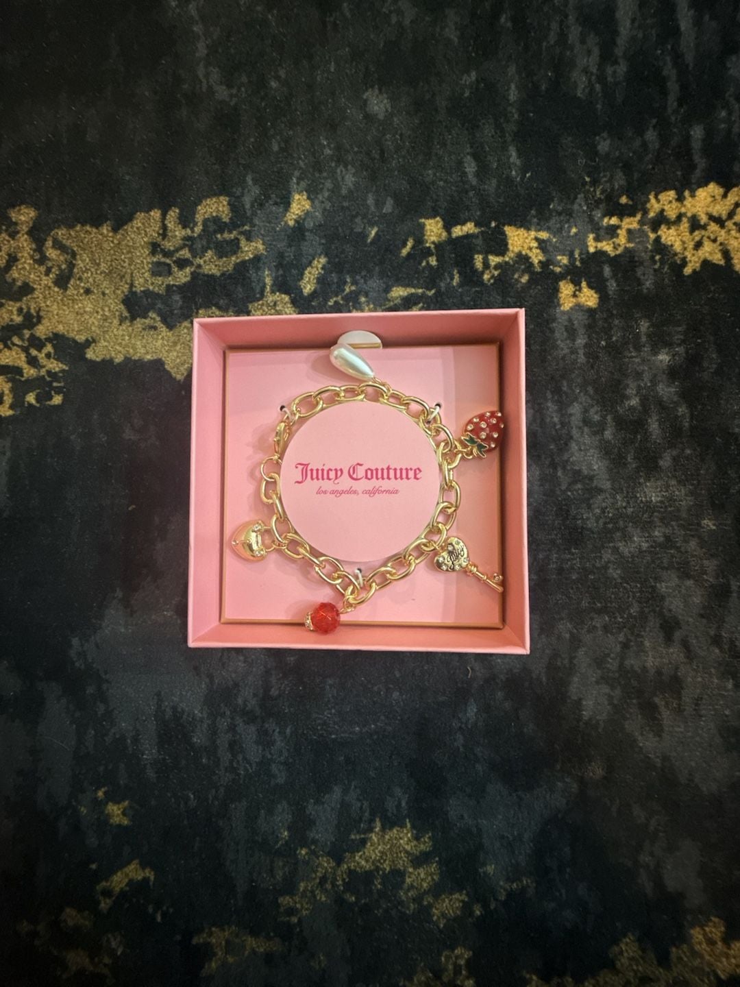 Juicy Couture Gold Charm Bracelet with Red Strawberry Pearl Heart Key Charms 2