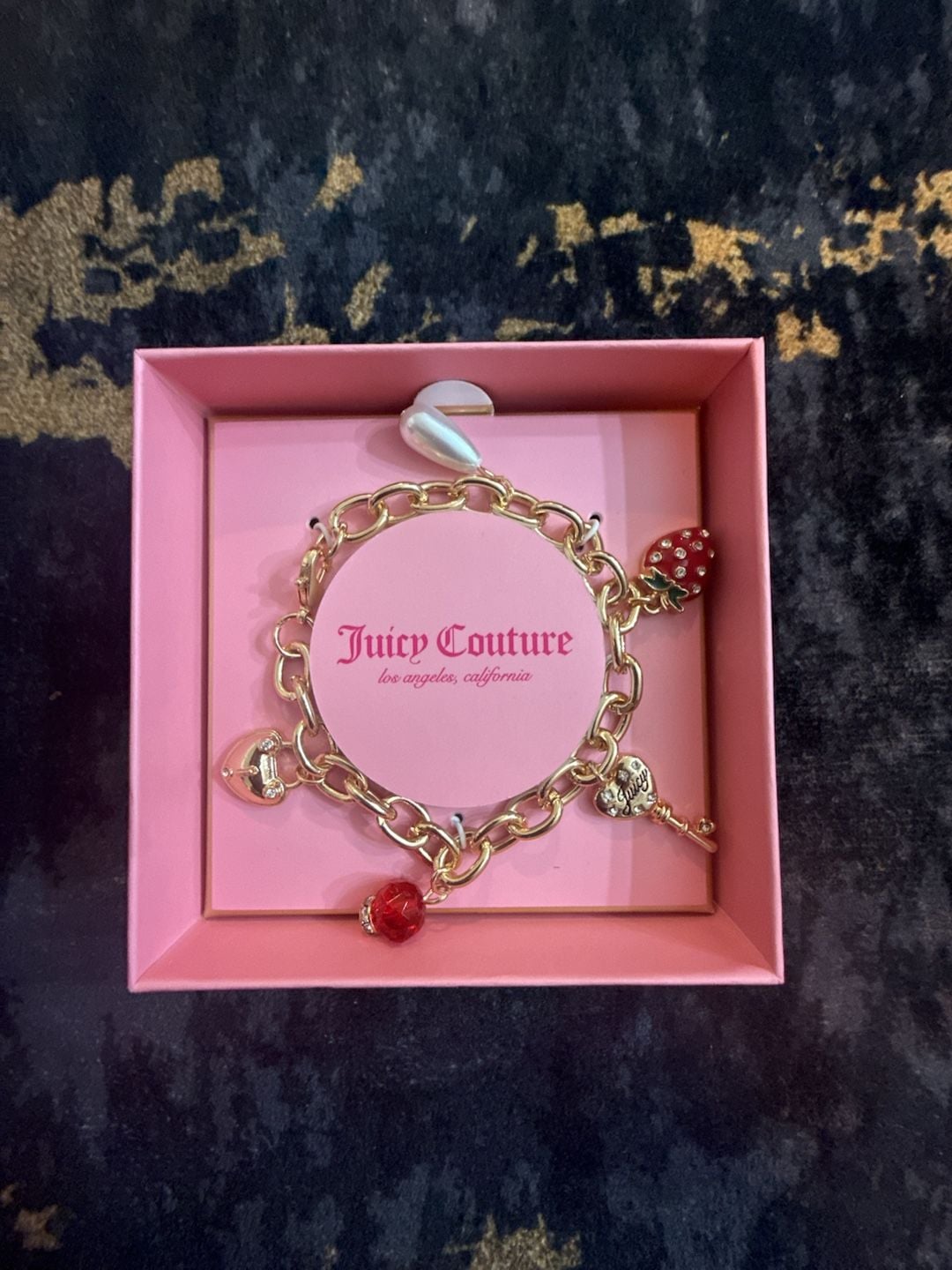 Juicy Couture Gold Charm Bracelet with Red Strawberry Pearl Heart Key Charms 3