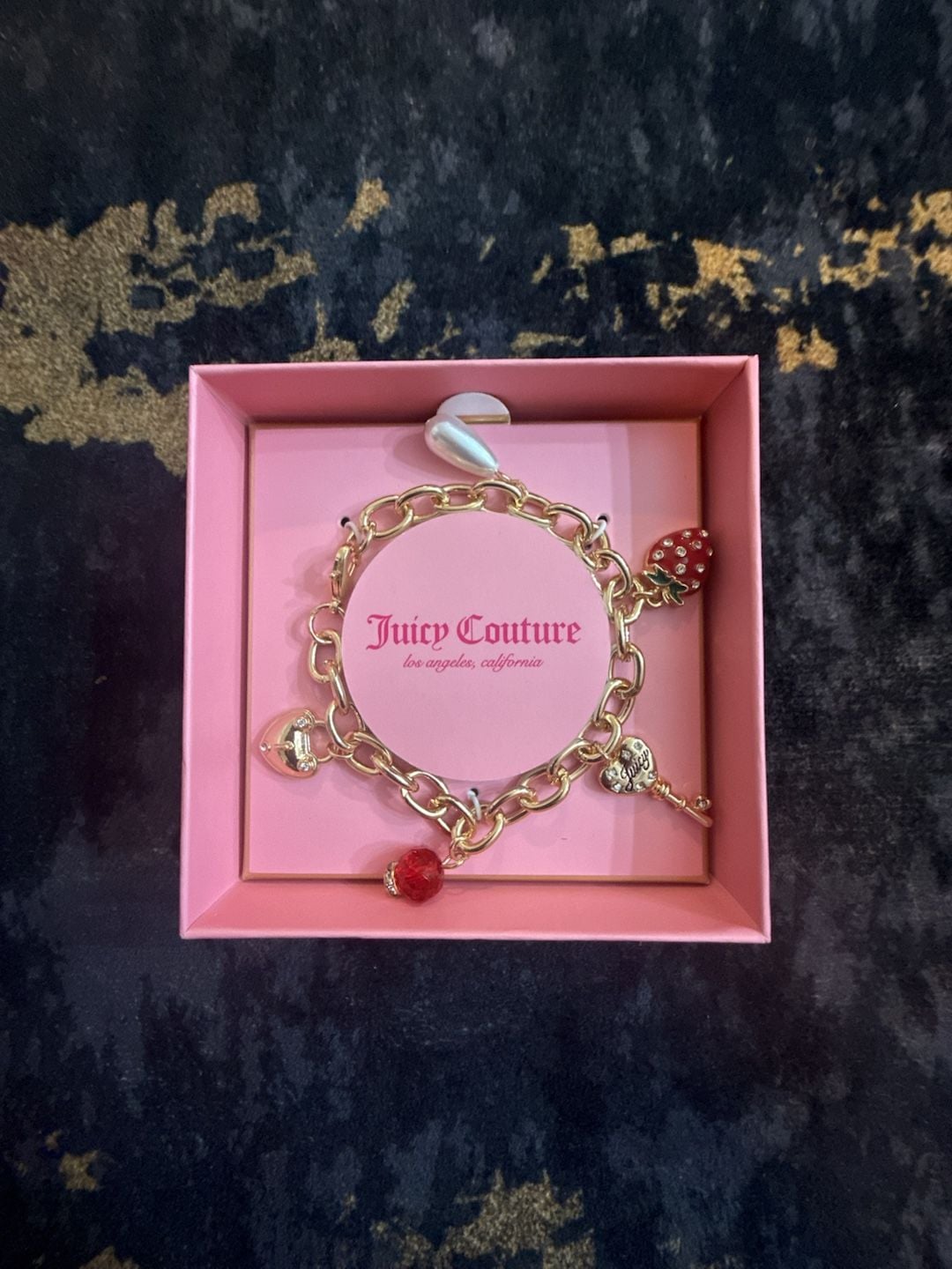 Juicy Couture Gold Charm Bracelet with Red Strawberry Pearl Heart Key Charms 4