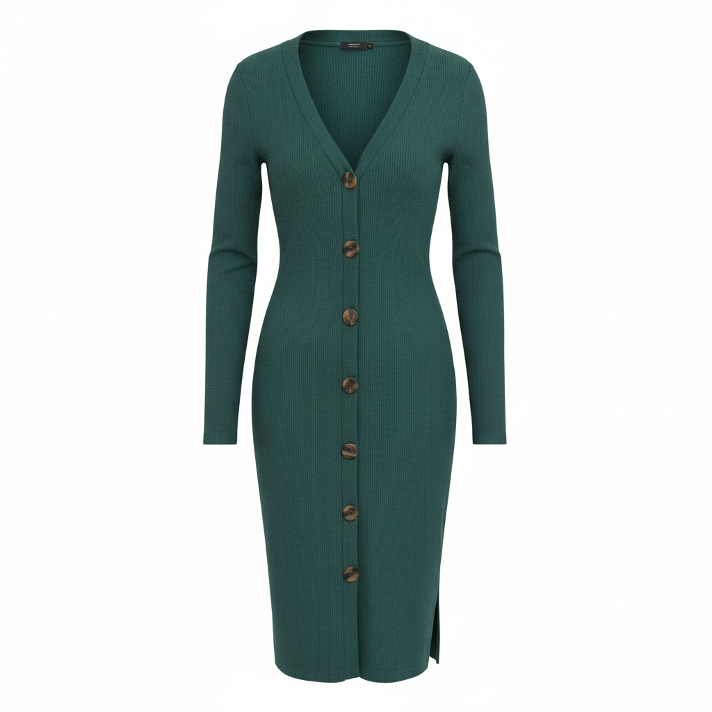 Fashion Nova Sweater Dress Size L Green Ribbed Button-Front Midi 2