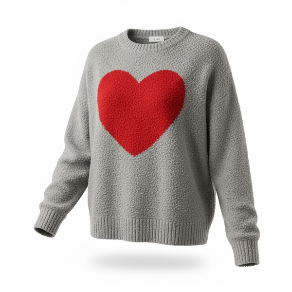 BiBi Heart Sweater Size S Gray Red Pullover