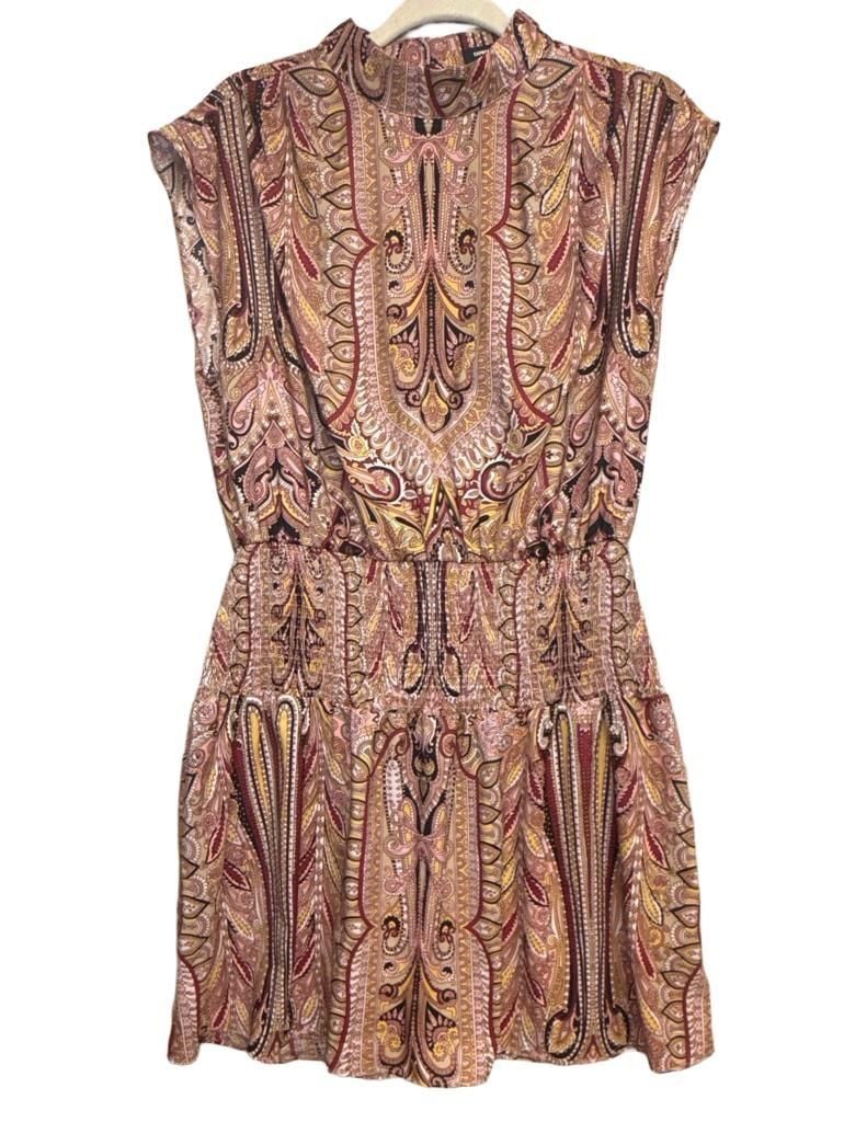 Y2K Vintage Paisley Tapestry Mock Neck Smocked Drop Waist Dress 3