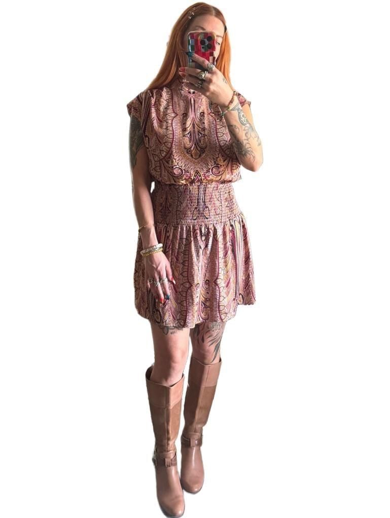 Y2K Vintage Paisley Tapestry Mock Neck Smocked Drop Waist Dress 2