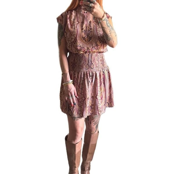 Y2K Vintage Paisley Tapestry Mock Neck Smocked Drop Waist Dress