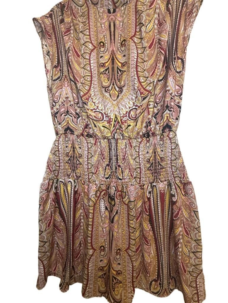 Y2K Vintage Paisley Tapestry Mock Neck Smocked Drop Waist Dress 4