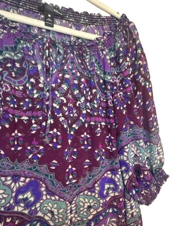 Y2K Purple Paisley Peasant Top Boho Tie Neck 5