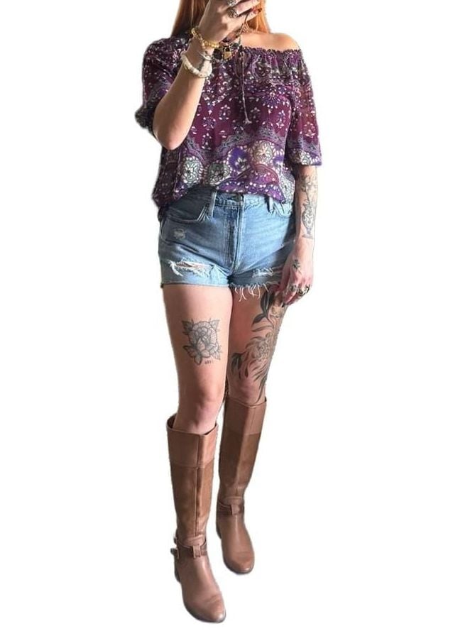 Y2K Purple Paisley Peasant Top Boho Tie Neck 2