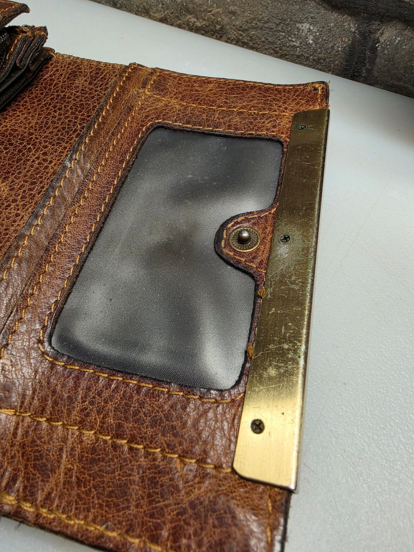 Patricia Nash Distressed Brown Leather Wallet Metal Bar Logo 7