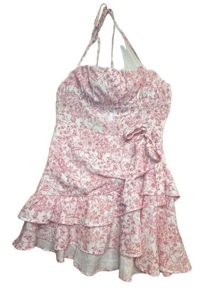 Y2K Floral Print Ruffle Trim Ruched Bust Halter Dress 3
