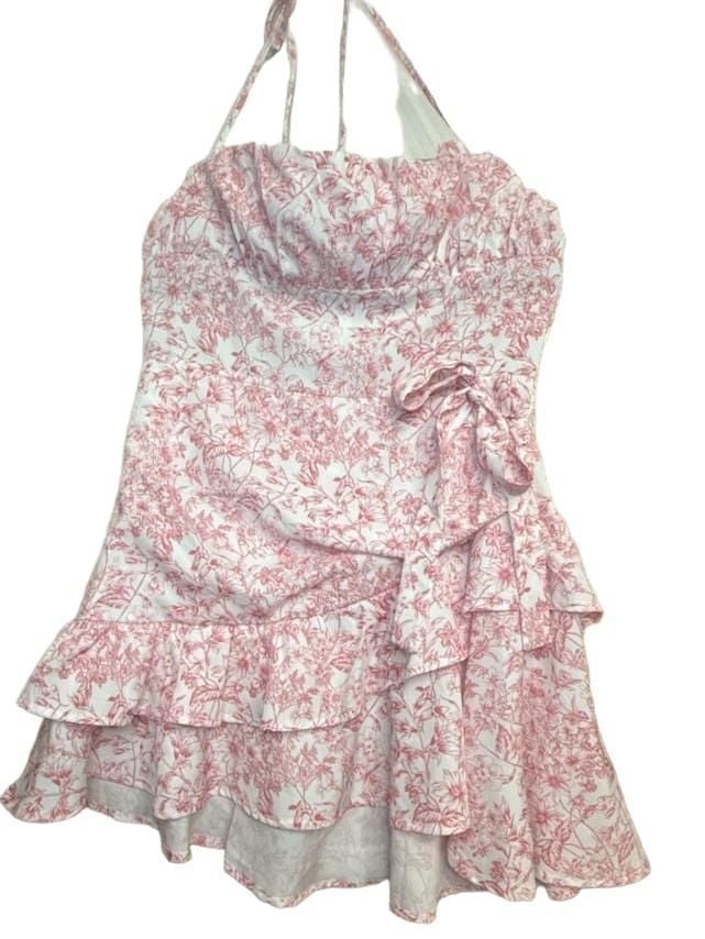 Y2K Floral Print Ruffle Trim Ruched Bust Halter Dress 4