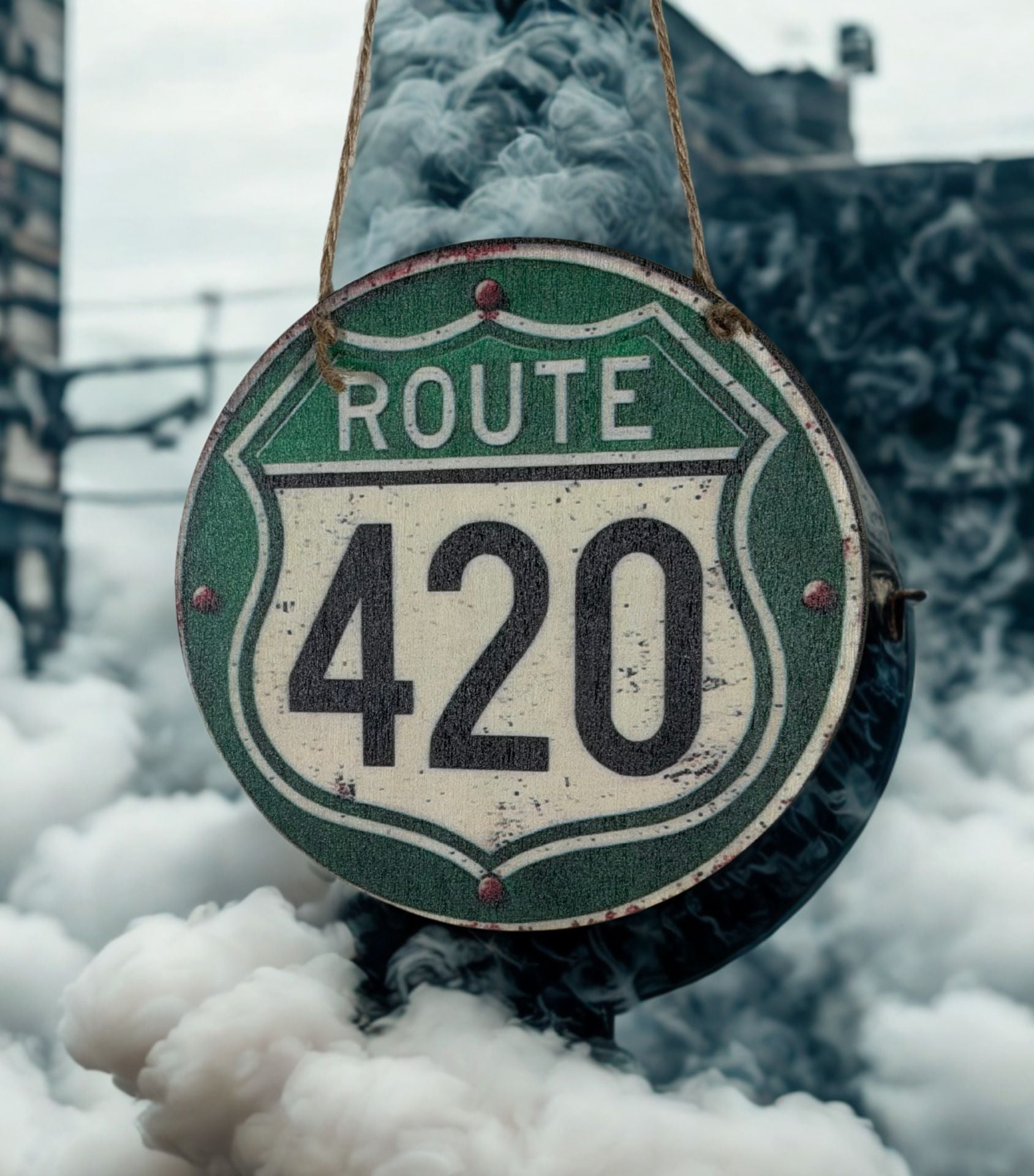 Retro Wooden Route 420 Hanging Sign Round Green 6 Inch Round 2