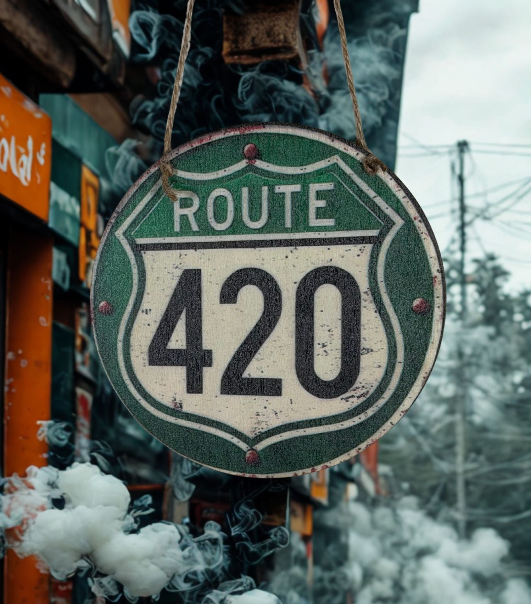 Retro Wooden Route 420 Hanging Sign Round Green 6 Inch Round 3
