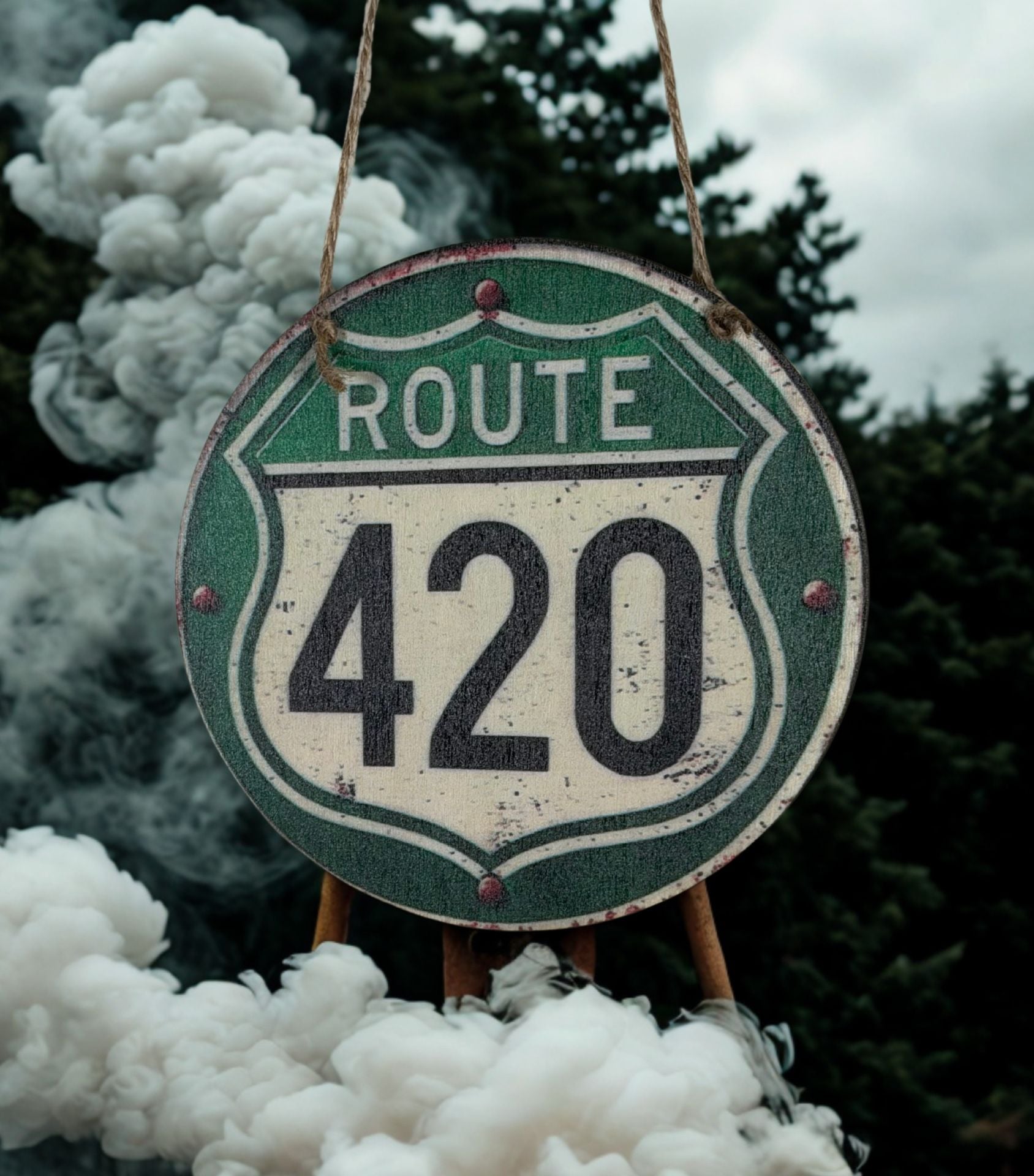 Retro Wooden Route 420 Hanging Sign Round Green 6 Inch Round 4