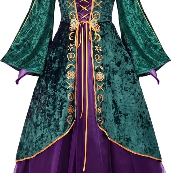 Winifred Sanderson Cosplay Costume Medieval Witch Dress Green Velvet