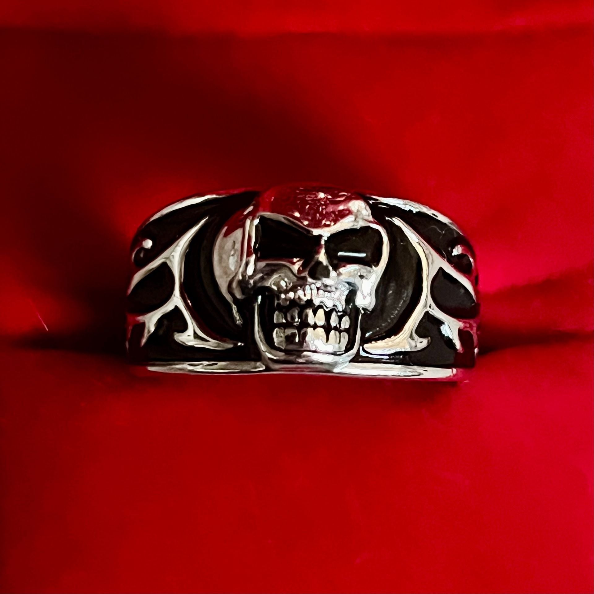 Fear Nothing Skull Ring Silver And Black Biker Goth Titanium Steel Silver Sz 12 3