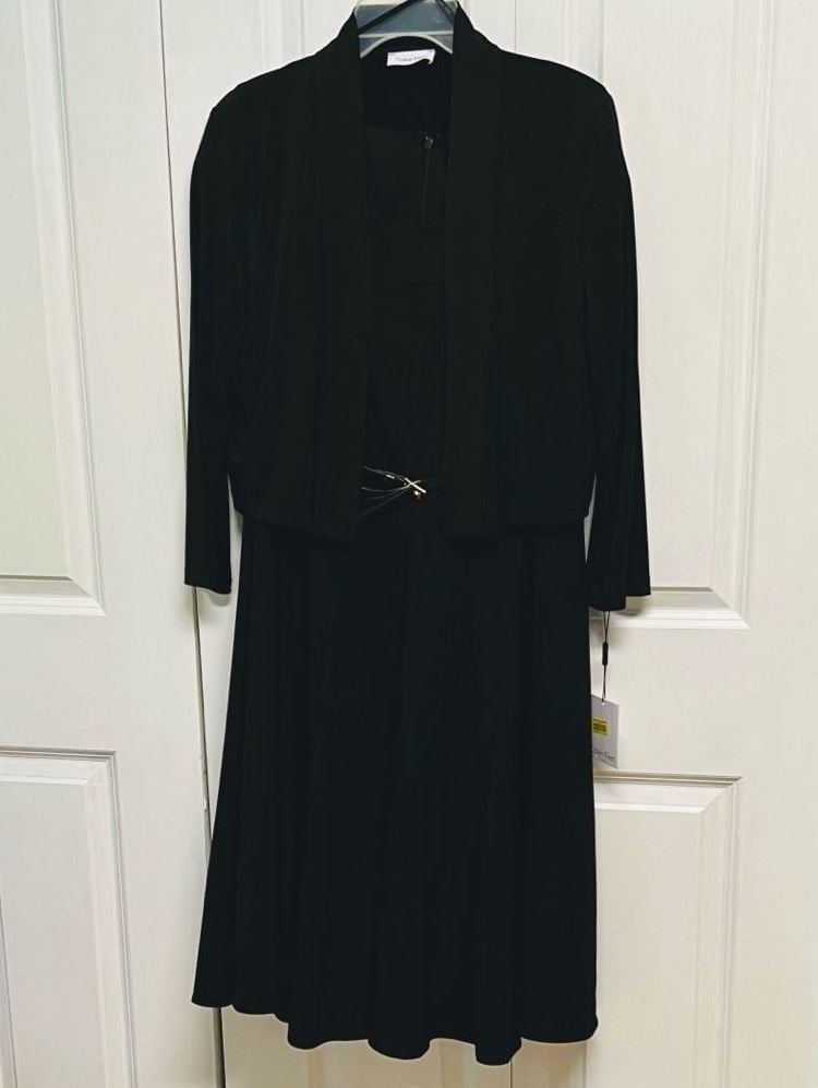 Calvin Klein Jacket Dress Set Size XL Black Belted Midi 2-Piece 1