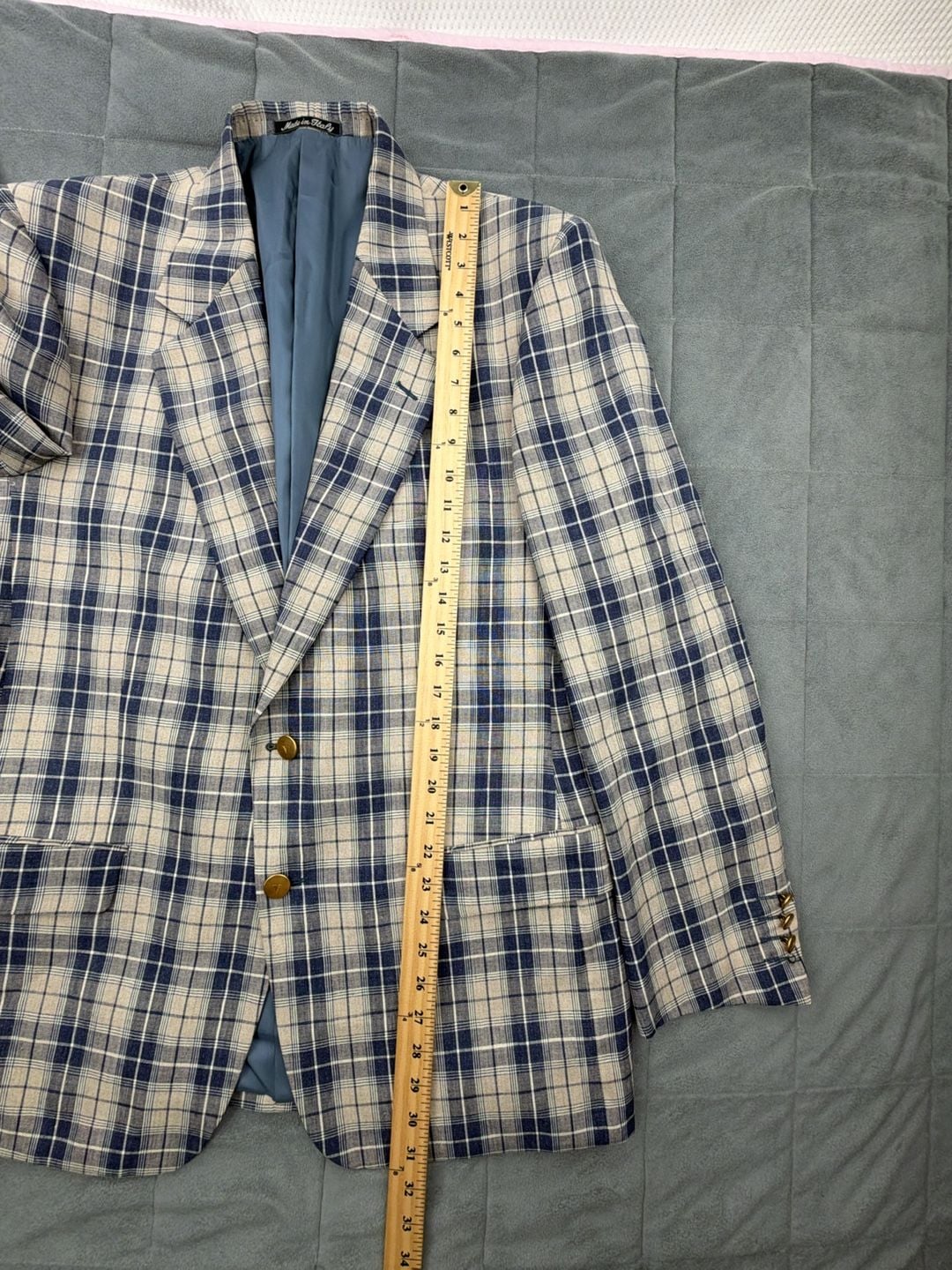 Valentino Gold Button Sport Coat Blazer Size 41R Blue Plaid Linen Flax 7