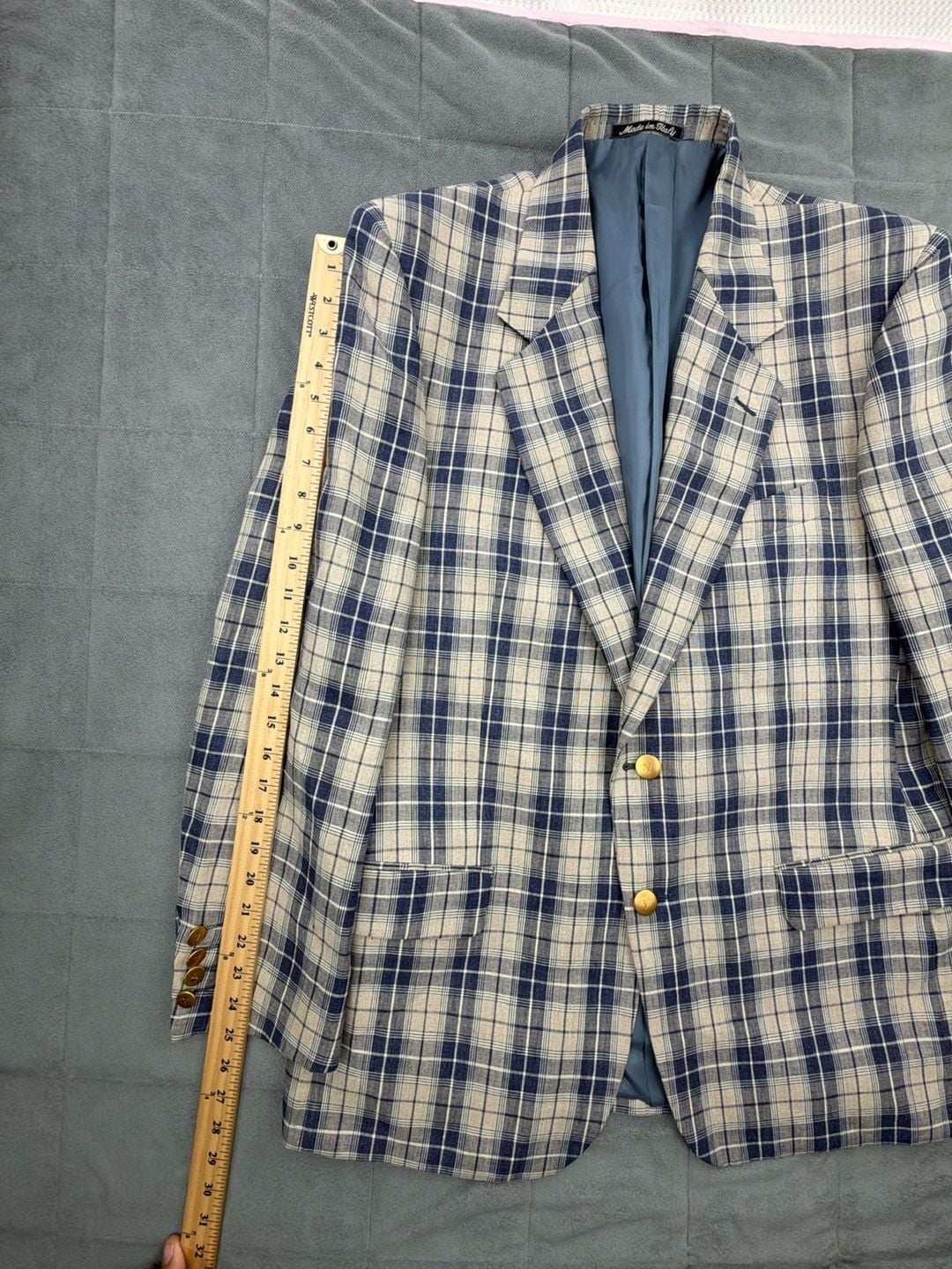 Valentino Gold Button Sport Coat Blazer Size 41R Blue Plaid Linen Flax 8