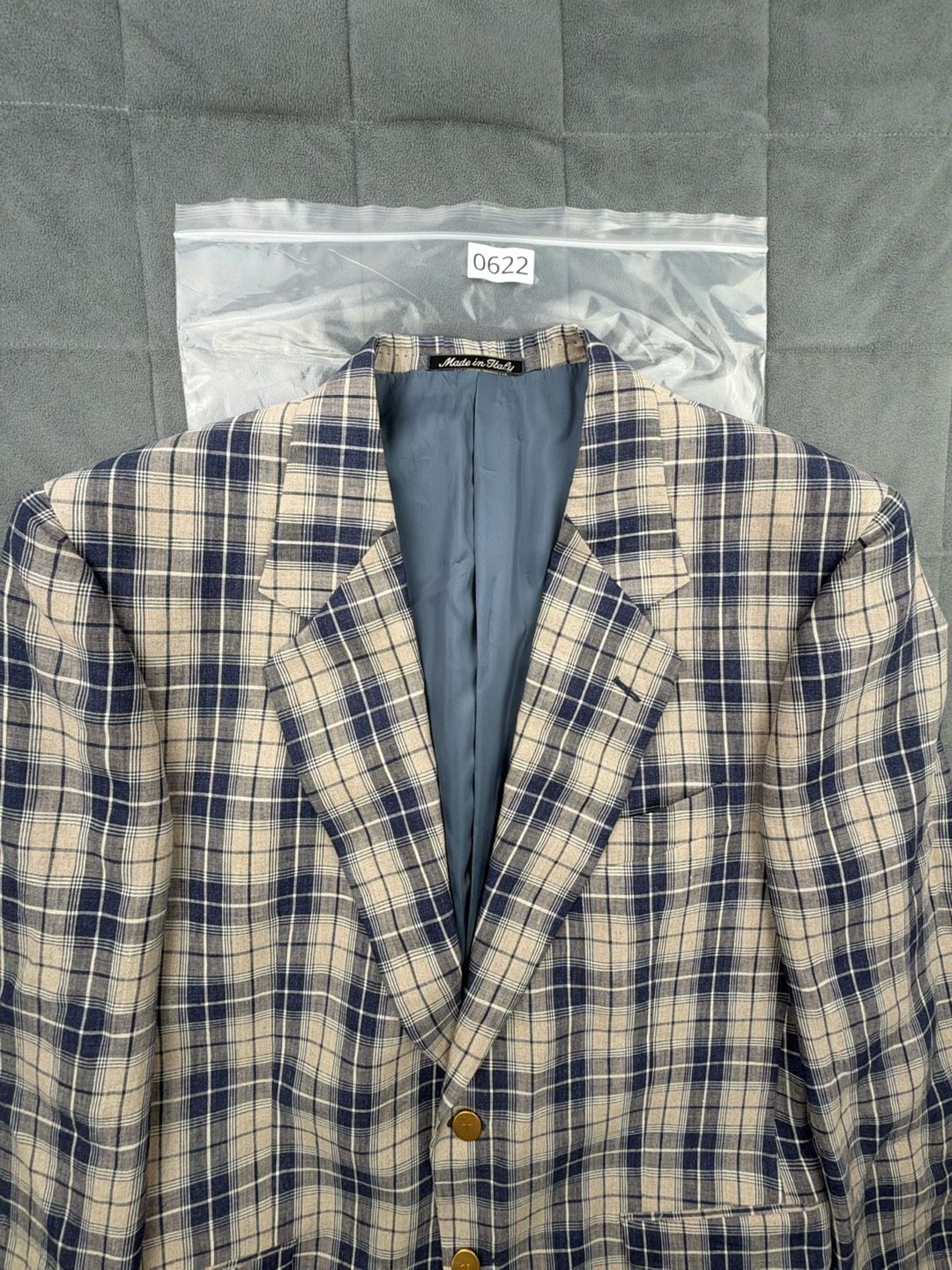 Valentino Gold Button Sport Coat Blazer Size 41R Blue Plaid Linen Flax 12