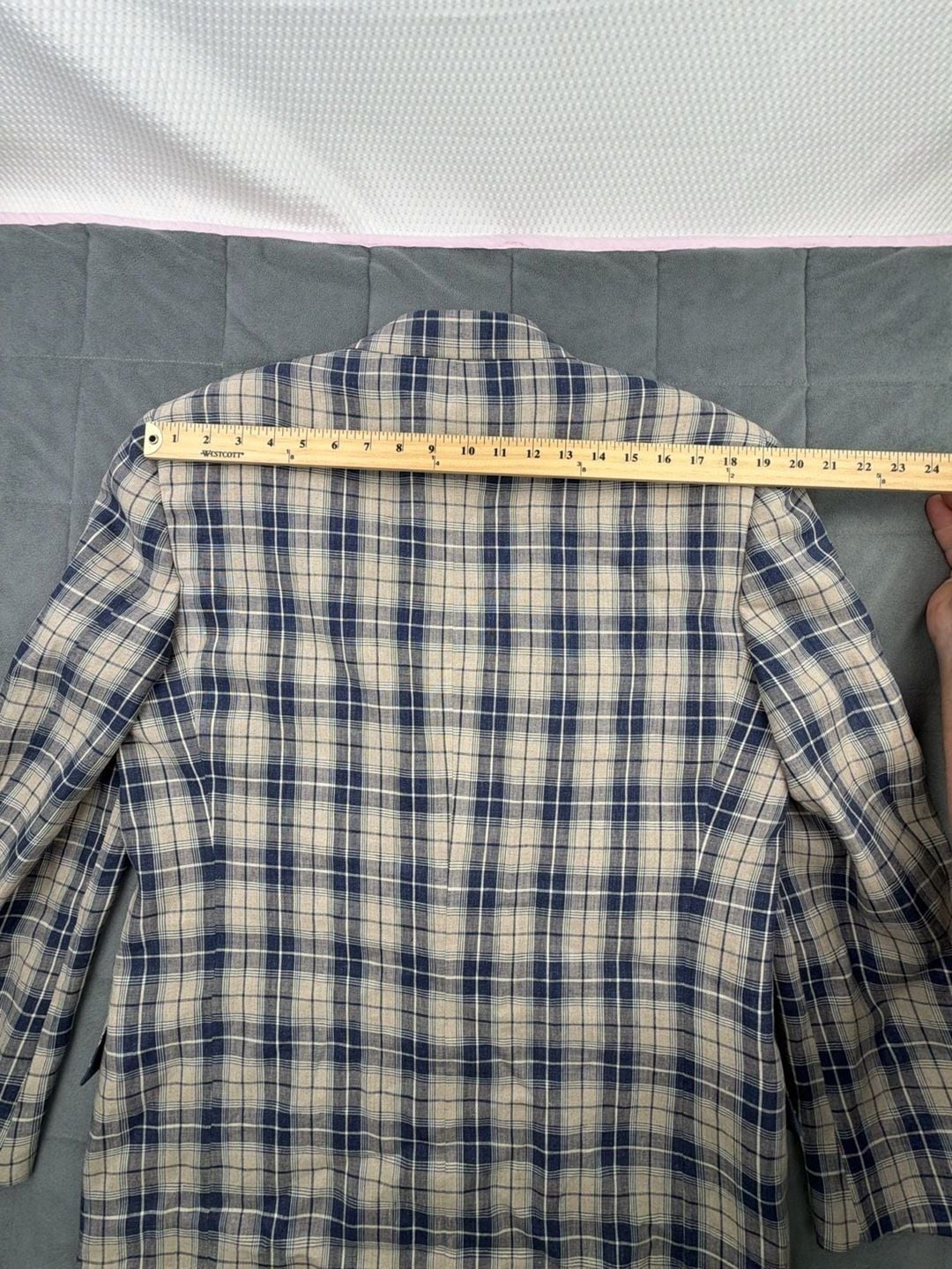 Valentino Gold Button Sport Coat Blazer Size 41R Blue Plaid Linen Flax 9