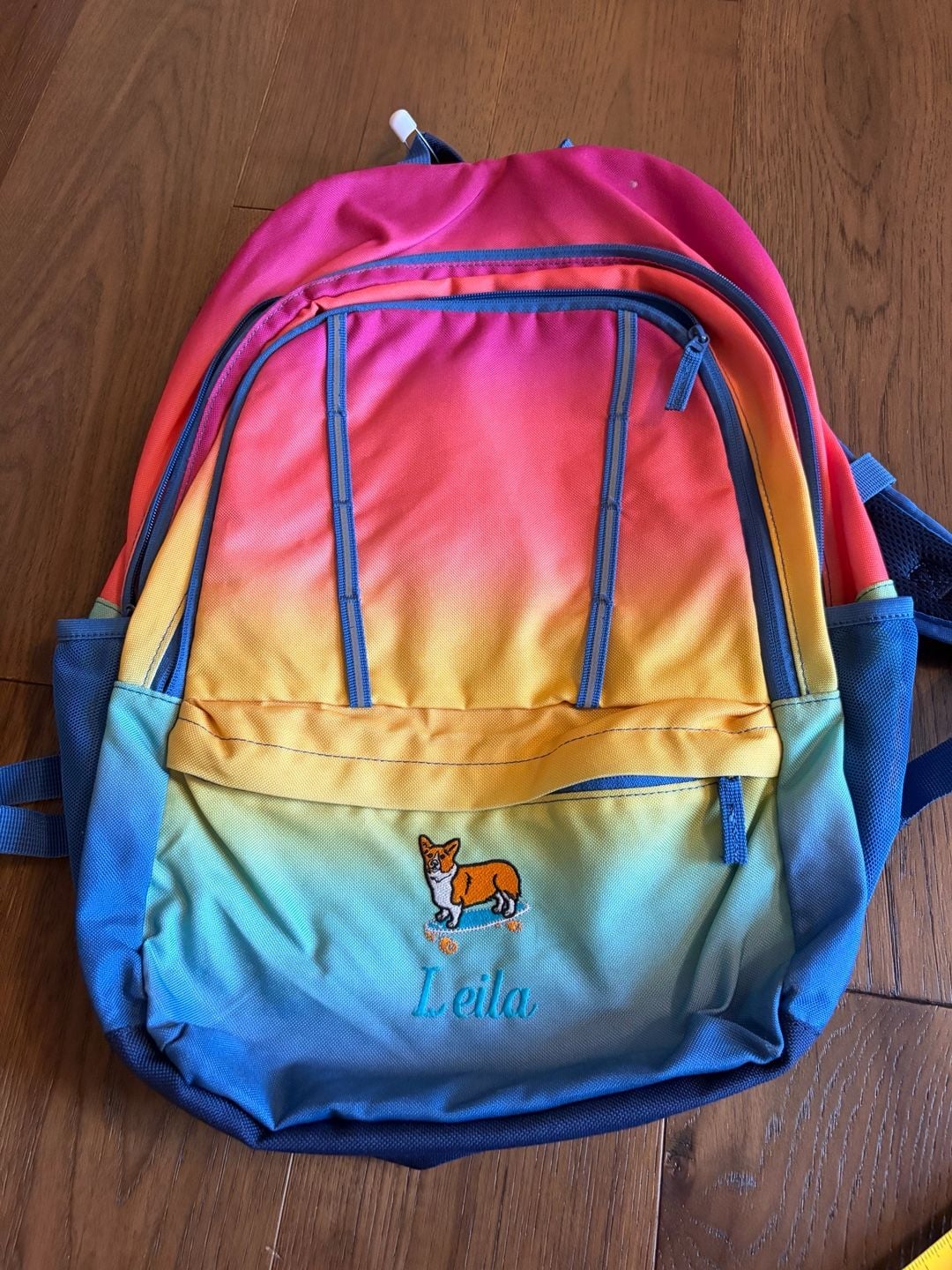 Lands' End Backpack Rainbow Ombre Corgi Embroidered Leila 2