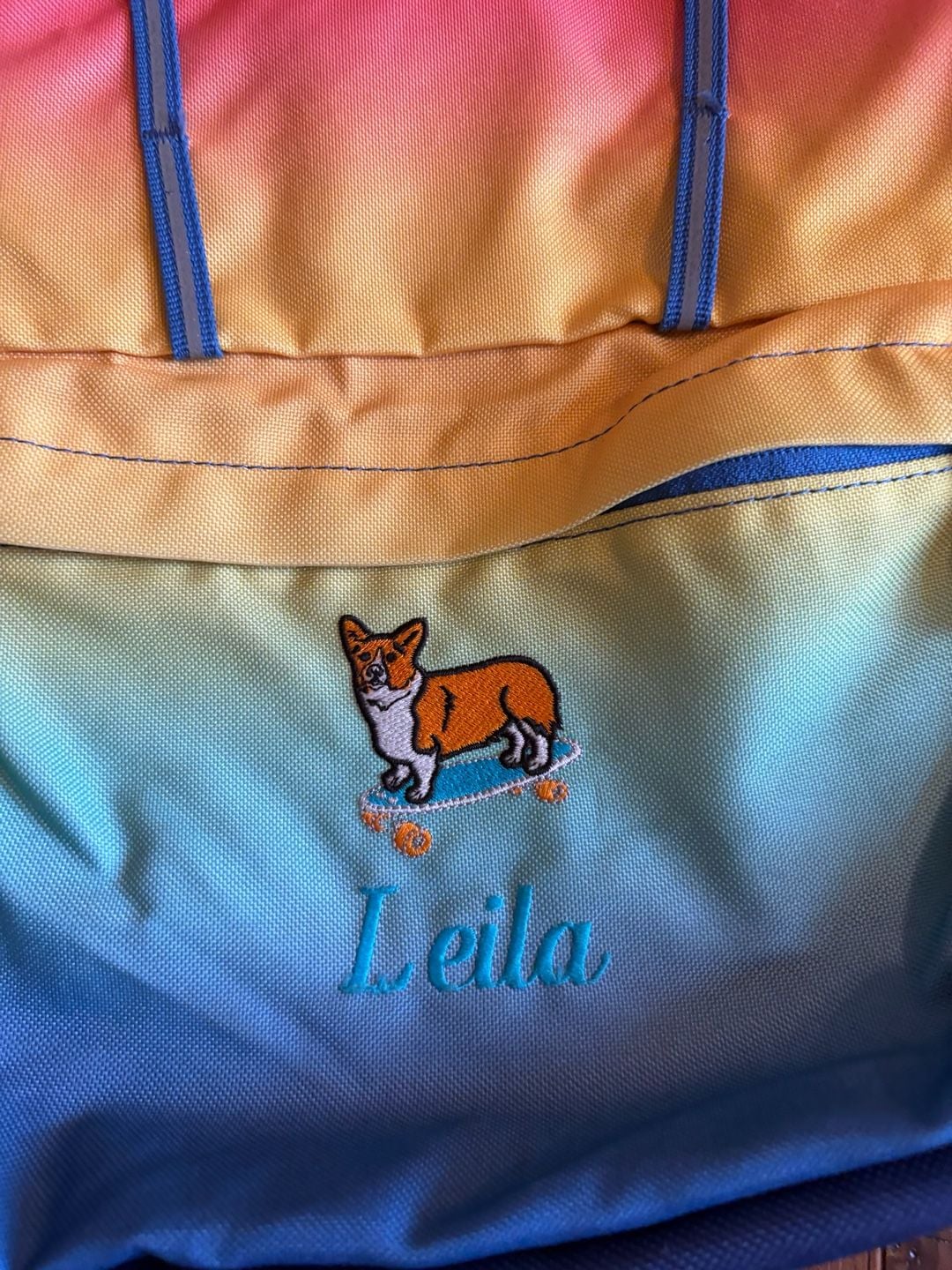 Lands' End Backpack Rainbow Ombre Corgi Embroidered Leila 3
