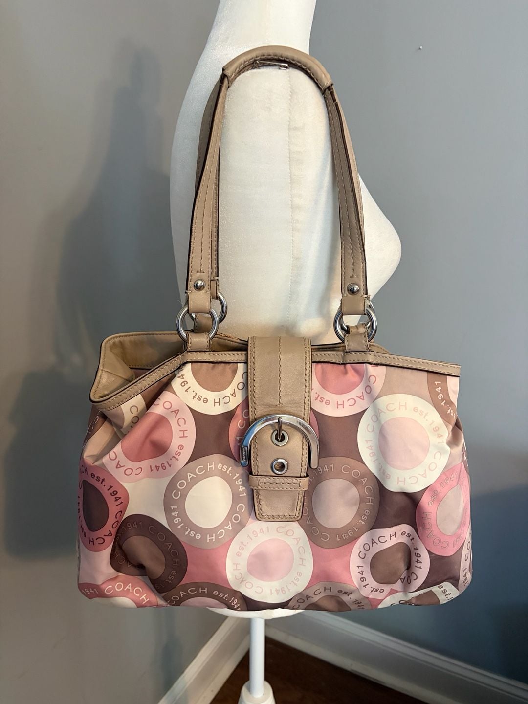 Coach Pink and Brown Circle Print Satchel Bag with Tan Leather Trim 2