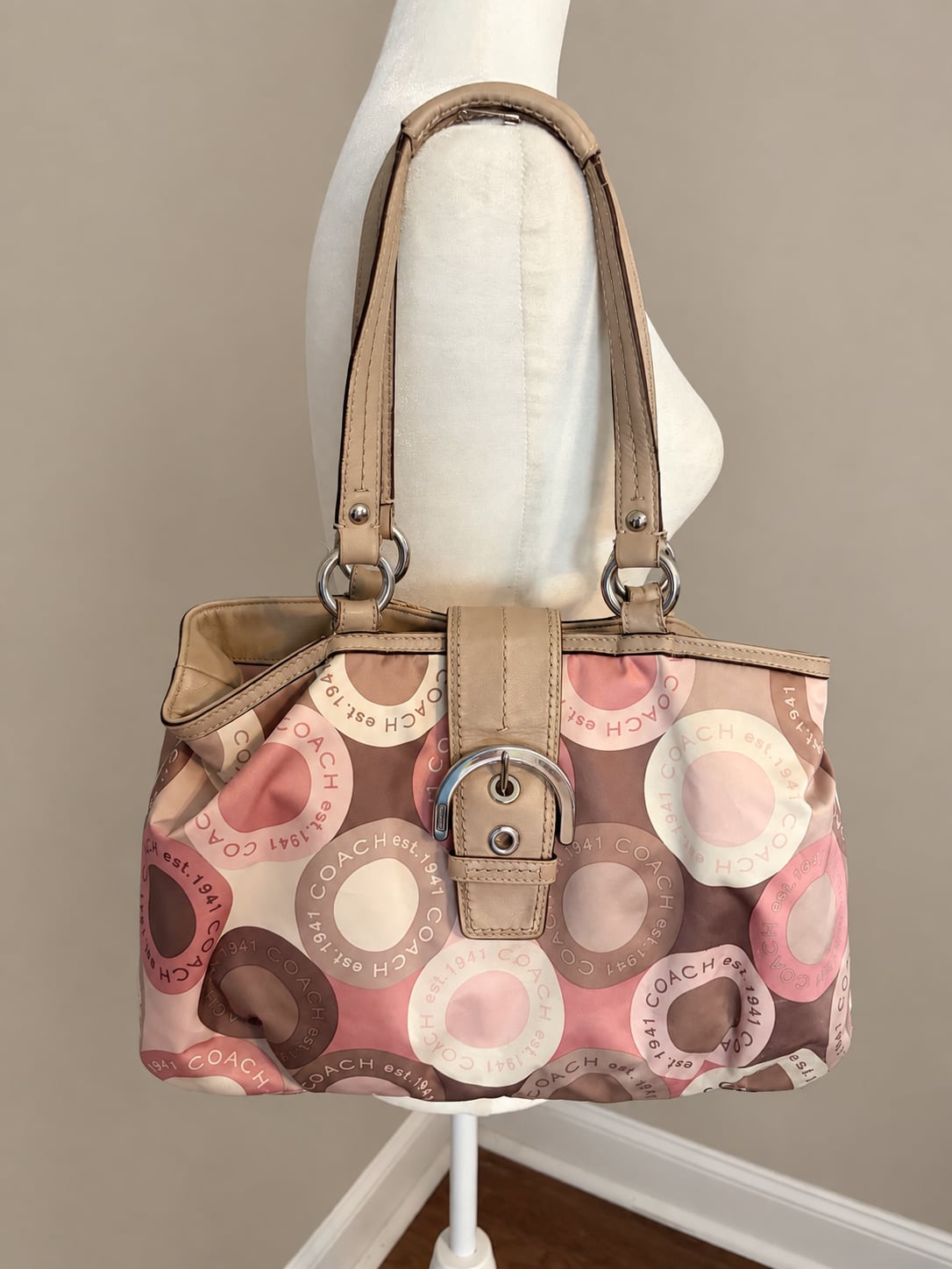 Coach Pink and Brown Circle Print Satchel Bag with Tan Leather Trim 3