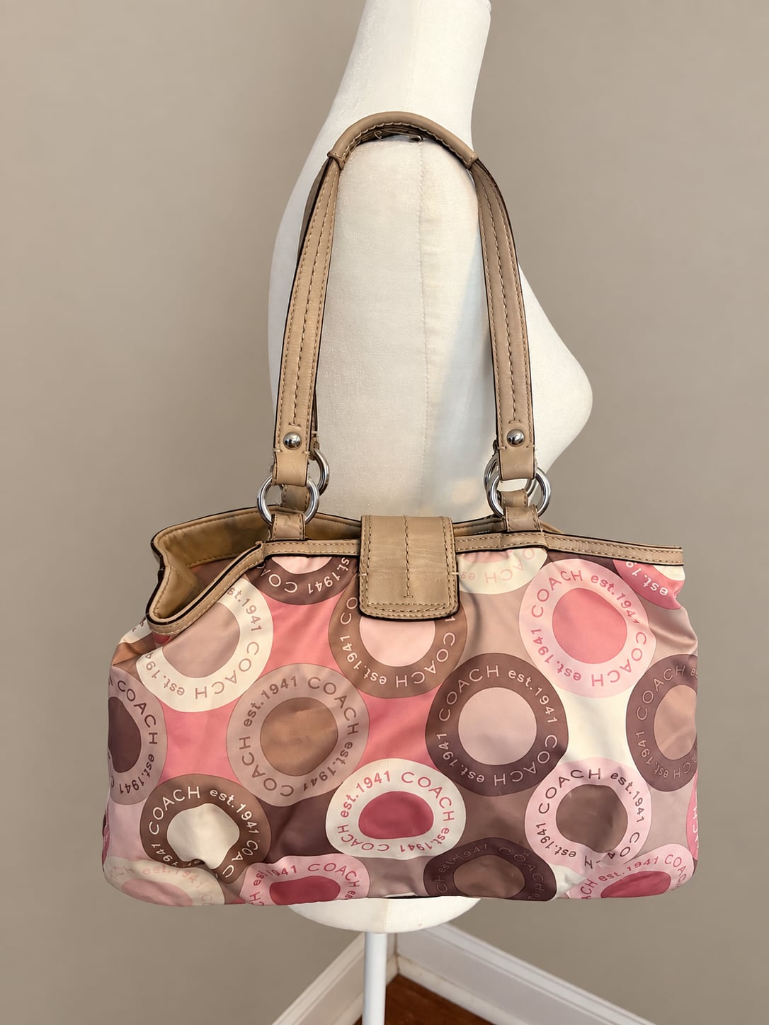 Coach Pink and Brown Circle Print Satchel Bag with Tan Leather Trim 4