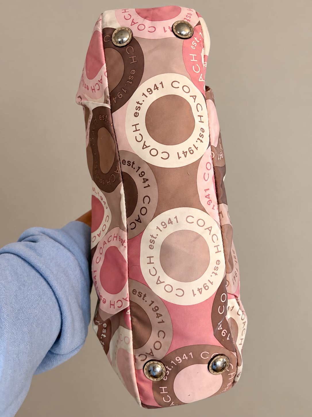 Coach Pink and Brown Circle Print Satchel Bag with Tan Leather Trim 5